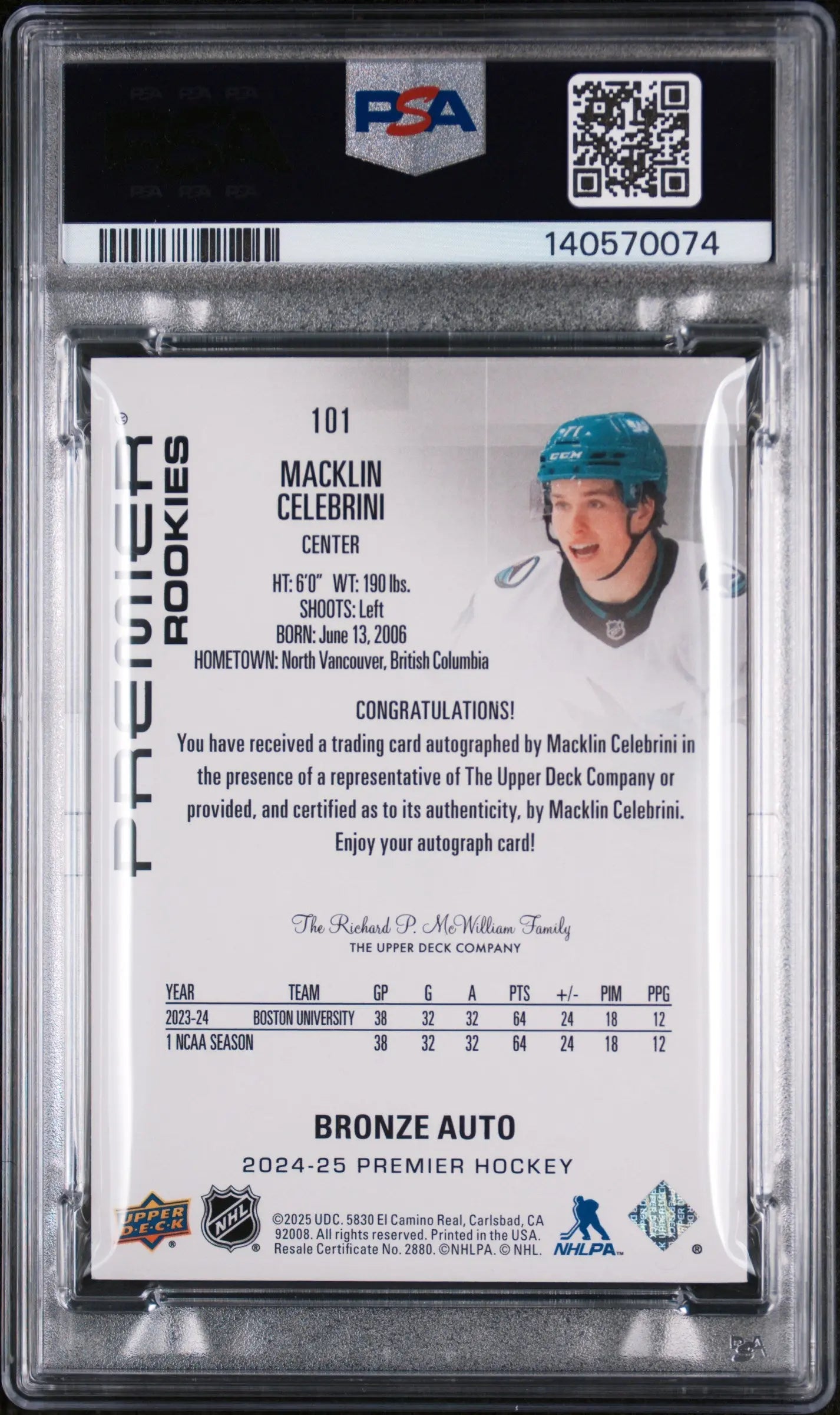 2024 Upper Deck Premier Rookie Macklin Celebrini RC Autograph Auto Bronze PSA 7 