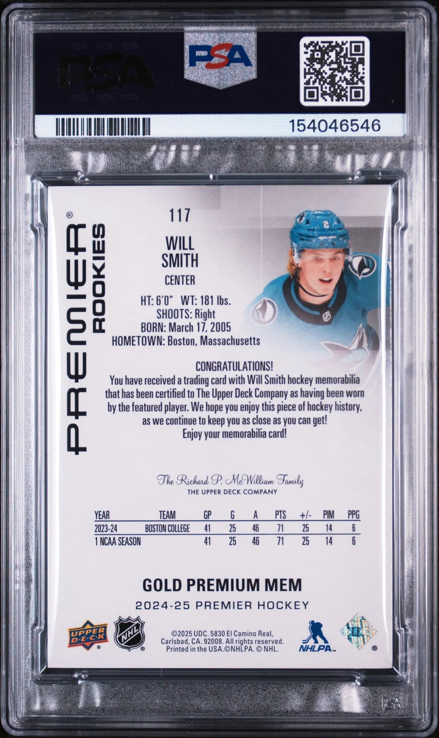 2024 Upper Deck Premier Rookie Patch Will Smith Gold /49 PSA 9 