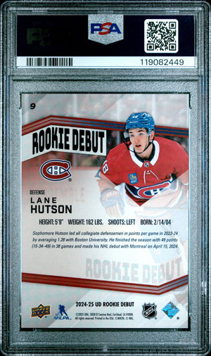 2024 Upper Deck Rookie Debut Lane Hutson #9 Red 66/91 PSA 8 Rookie RC 