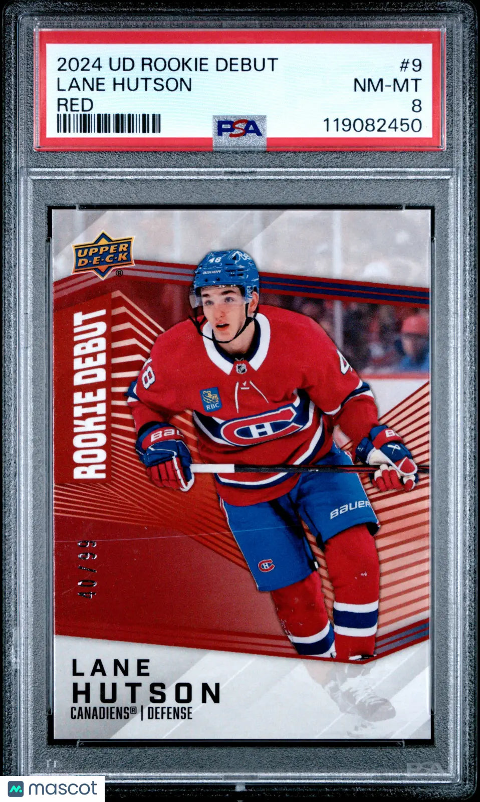 2024 Upper Deck Rookie Debut Lane Hutson #9 Red /99 RC PSA 8 