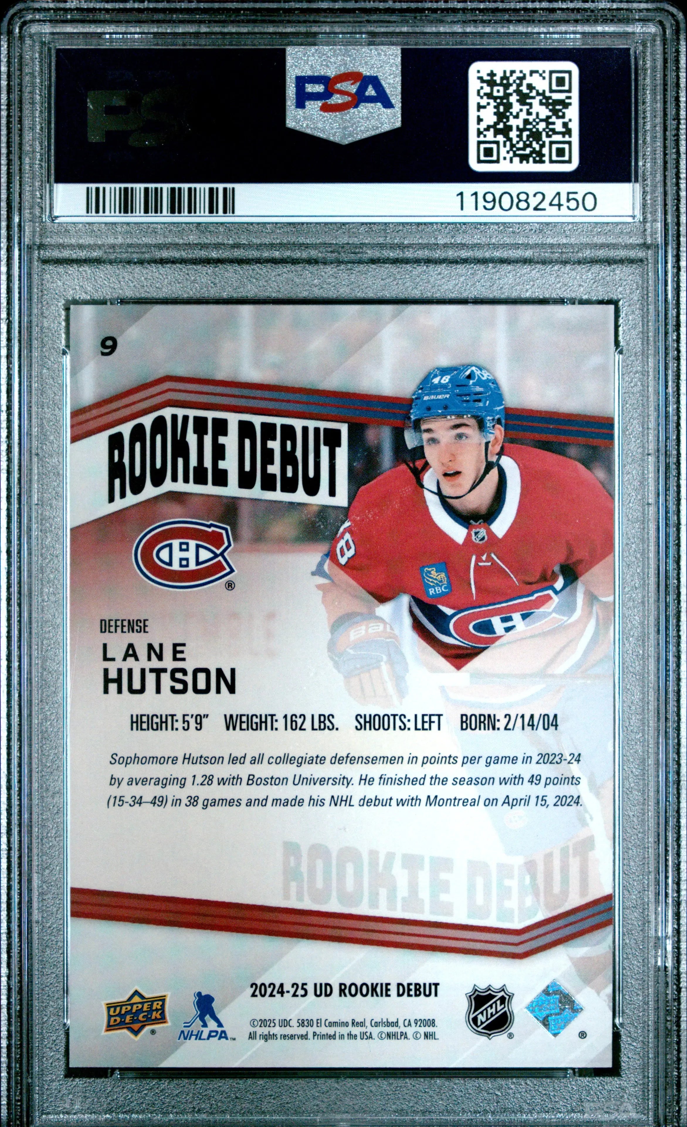 2024 Upper Deck Rookie Debut Lane Hutson #9 Red /99 RC PSA 8 