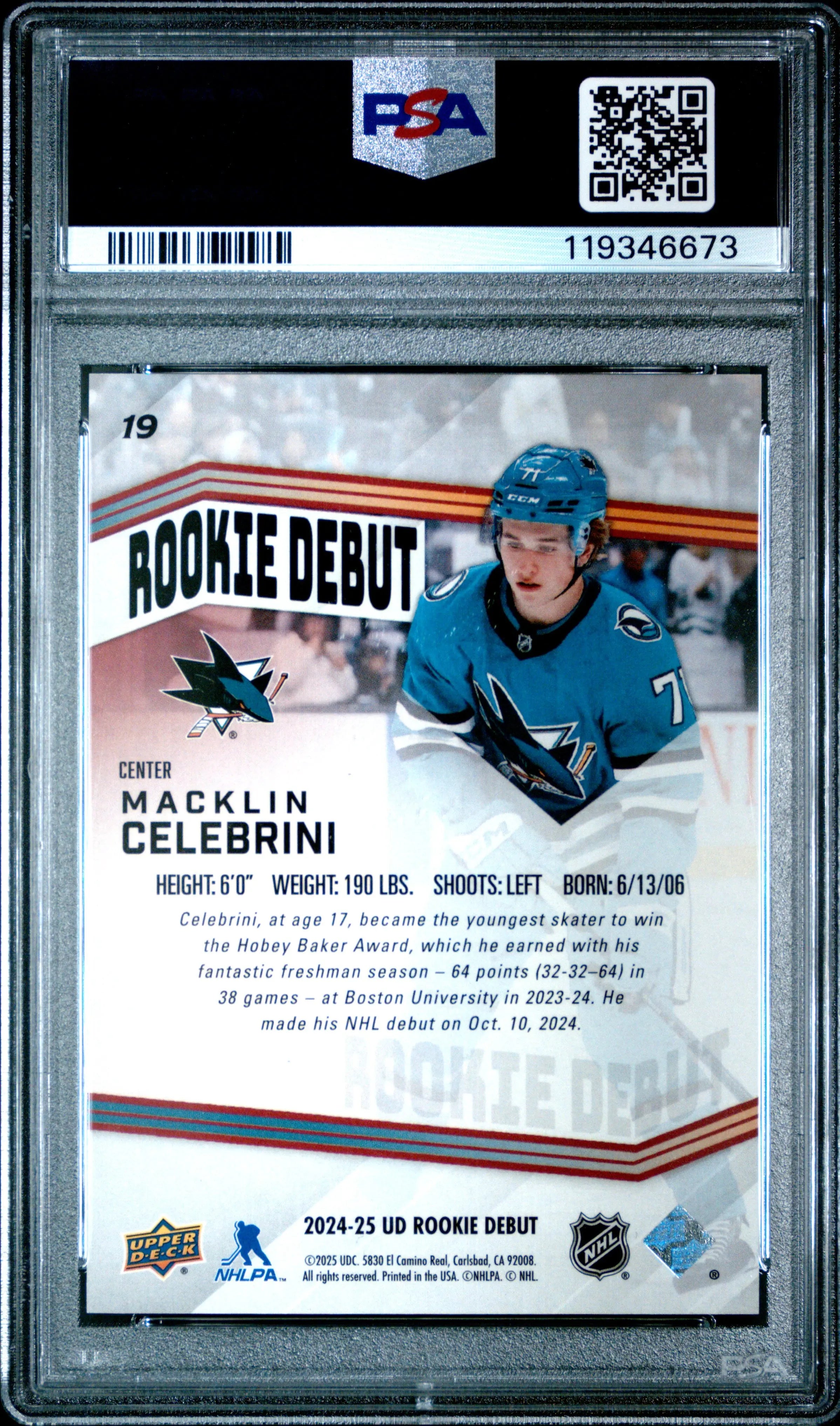2024 Upper Deck Rookie Debut Macklin Celebrini Variation Red RC PSA 10 