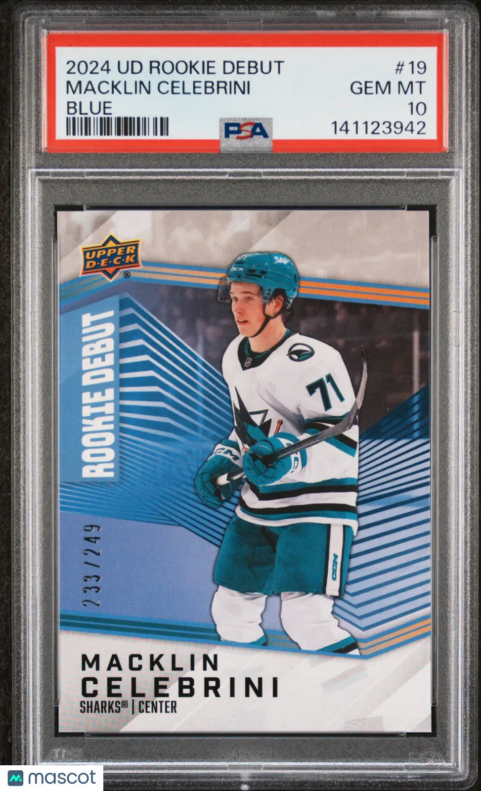 2024 Upper Deck Rookie Debut Macklin Celebrini #19 Blue /249 RC PSA 10 