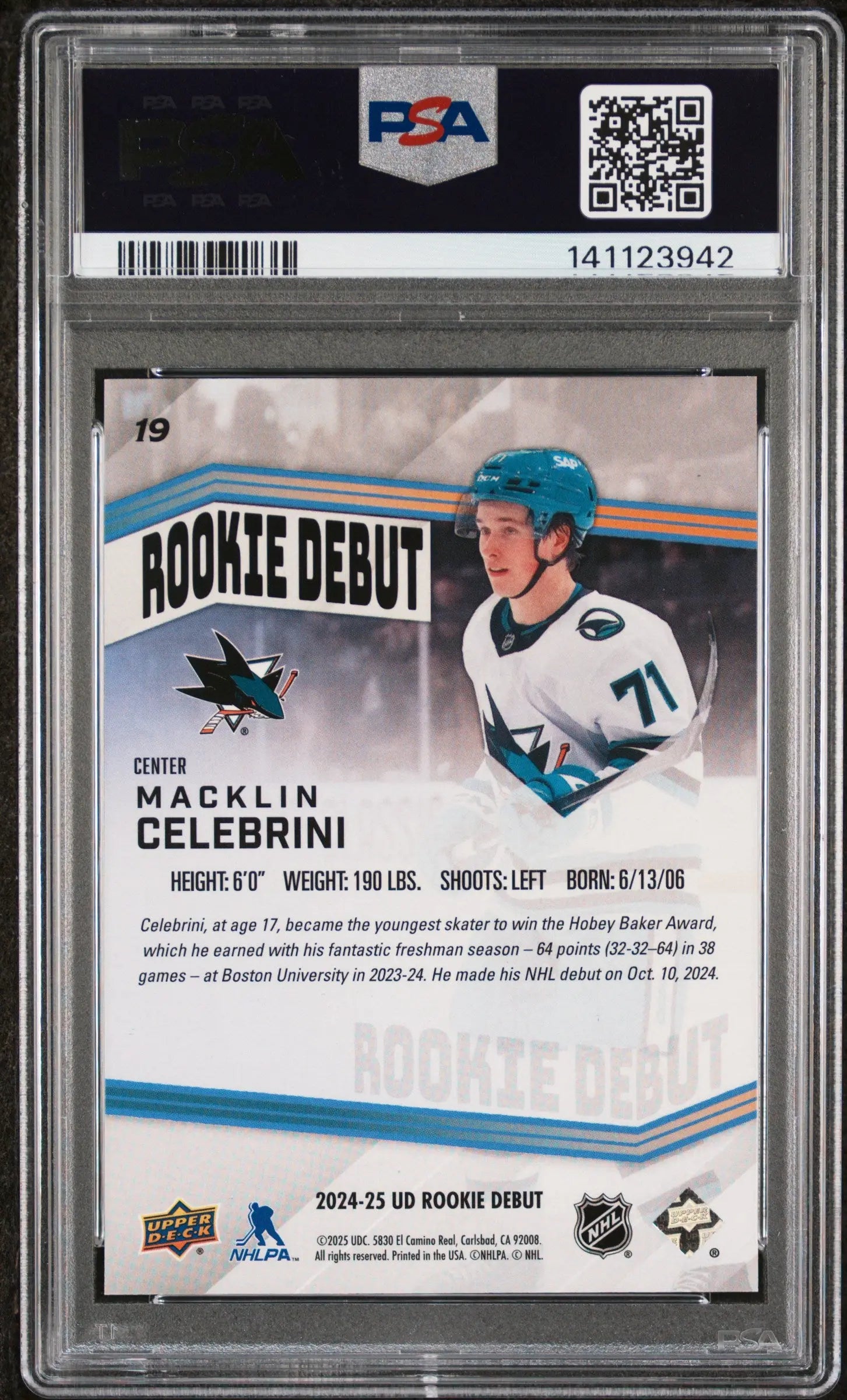 2024 Upper Deck Rookie Debut Macklin Celebrini #19 Blue /249 RC PSA 10 