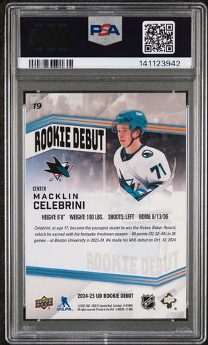 2024 Upper Deck Rookie Debut Macklin Celebrini #19 Blue /249 RC PSA 10 