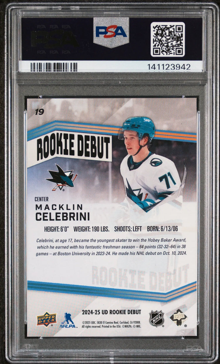 2024 Upper Deck Rookie Debut Macklin Celebrini #19 Blue /249 RC PSA 10 