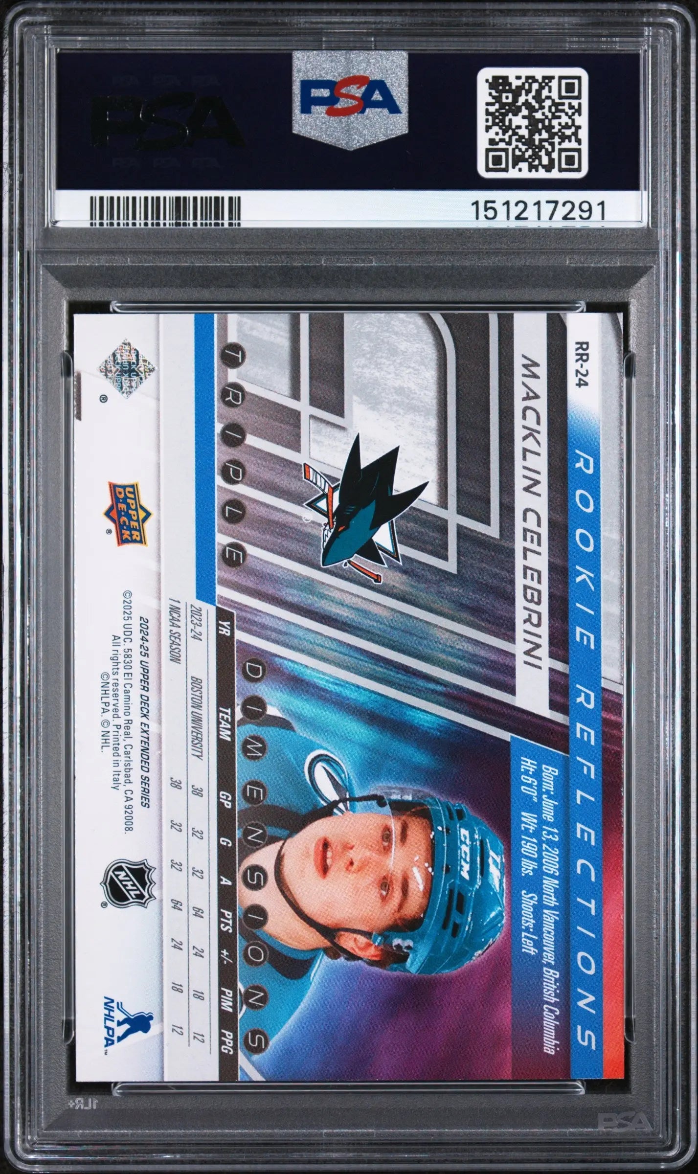 2024 Upper Deck Rookie Reflections Macklin Celebrini RC PSA 9 