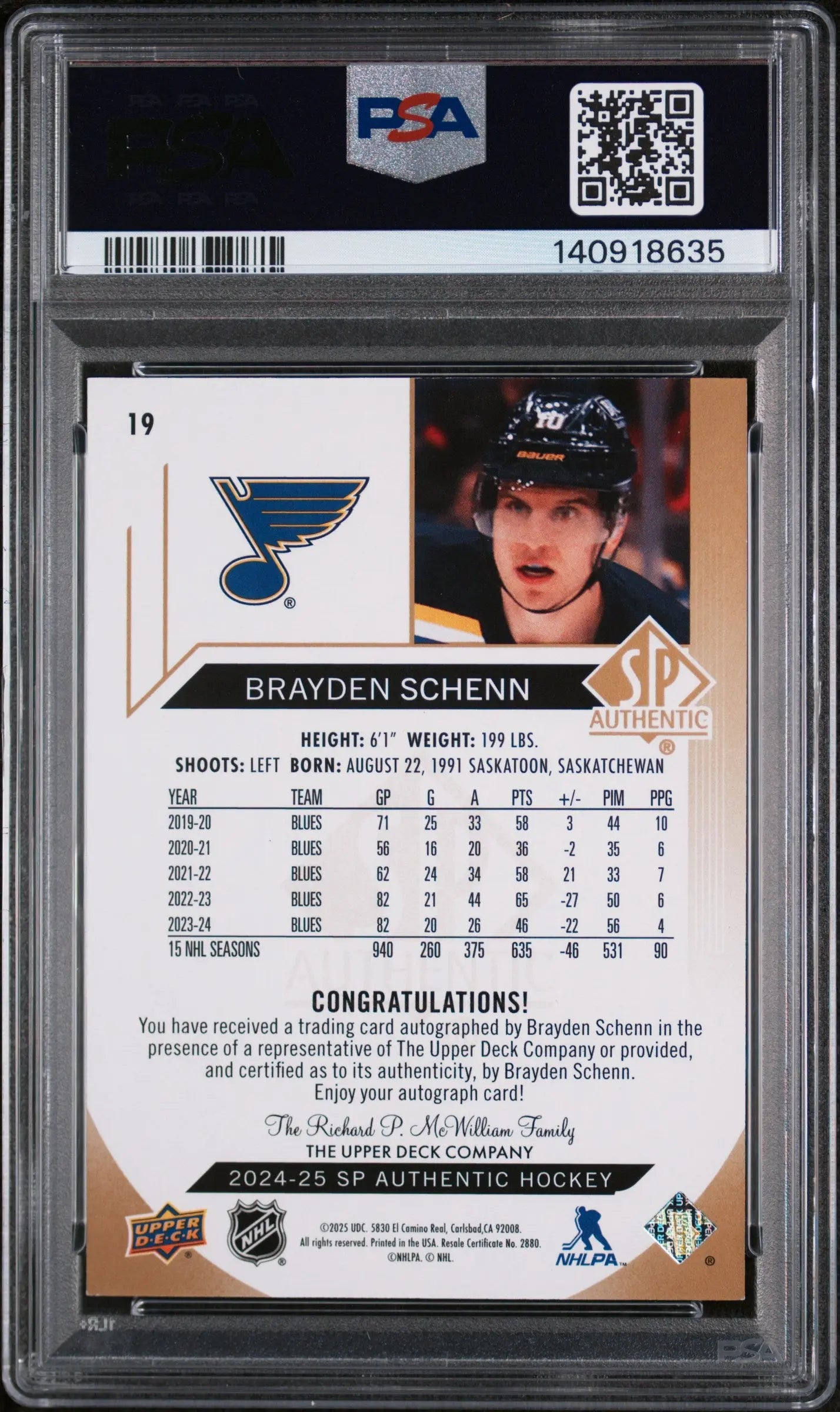2024 Upper Deck SP Authentic Brayden Schenn #19 Autograph PSA 8 