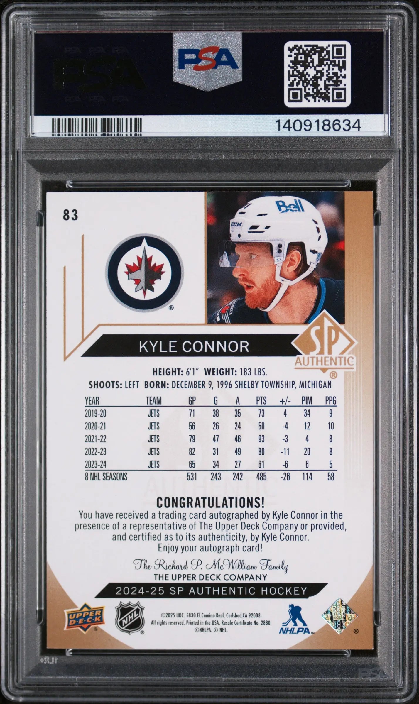 2024 Upper Deck SP Authentic Kyle Connor #83 Autograph PSA 8 