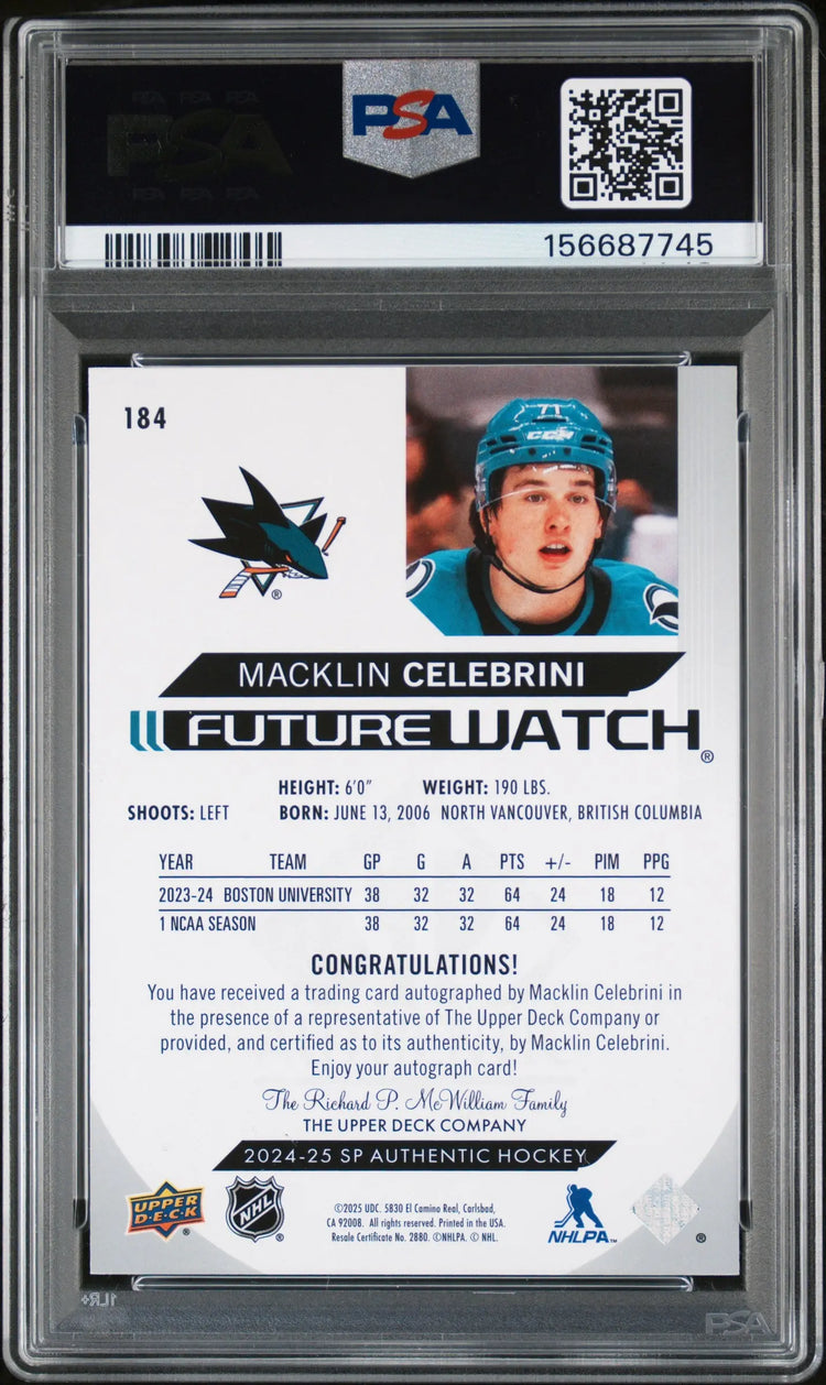 2024 Upper Deck SP Authentic Macklin Celebrini RC Future Watch Auto /999 PSA 9 