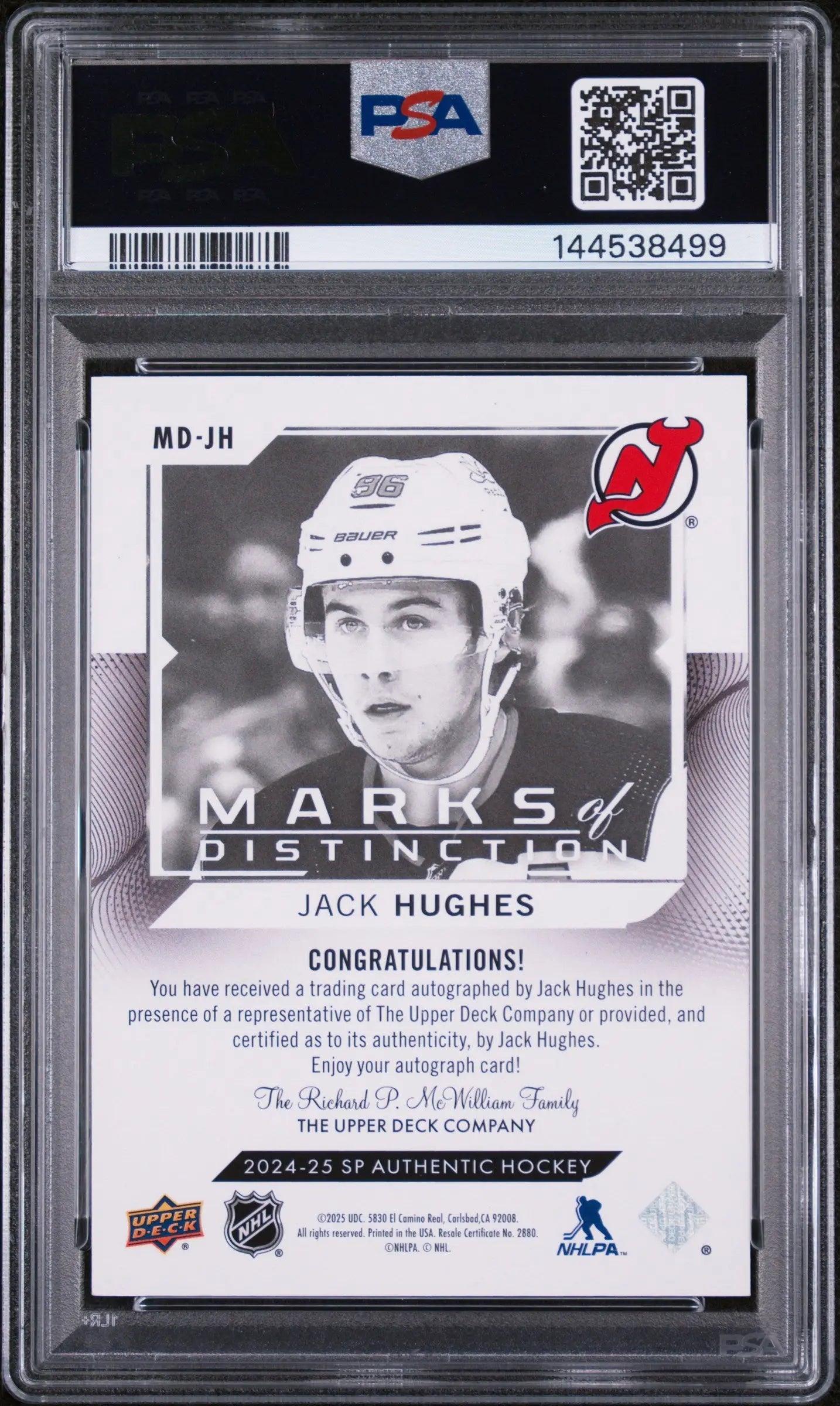 2024 Upper Deck SP Authentic Marks Of Distinction Autograph Jack Hughes/25 PSA10 