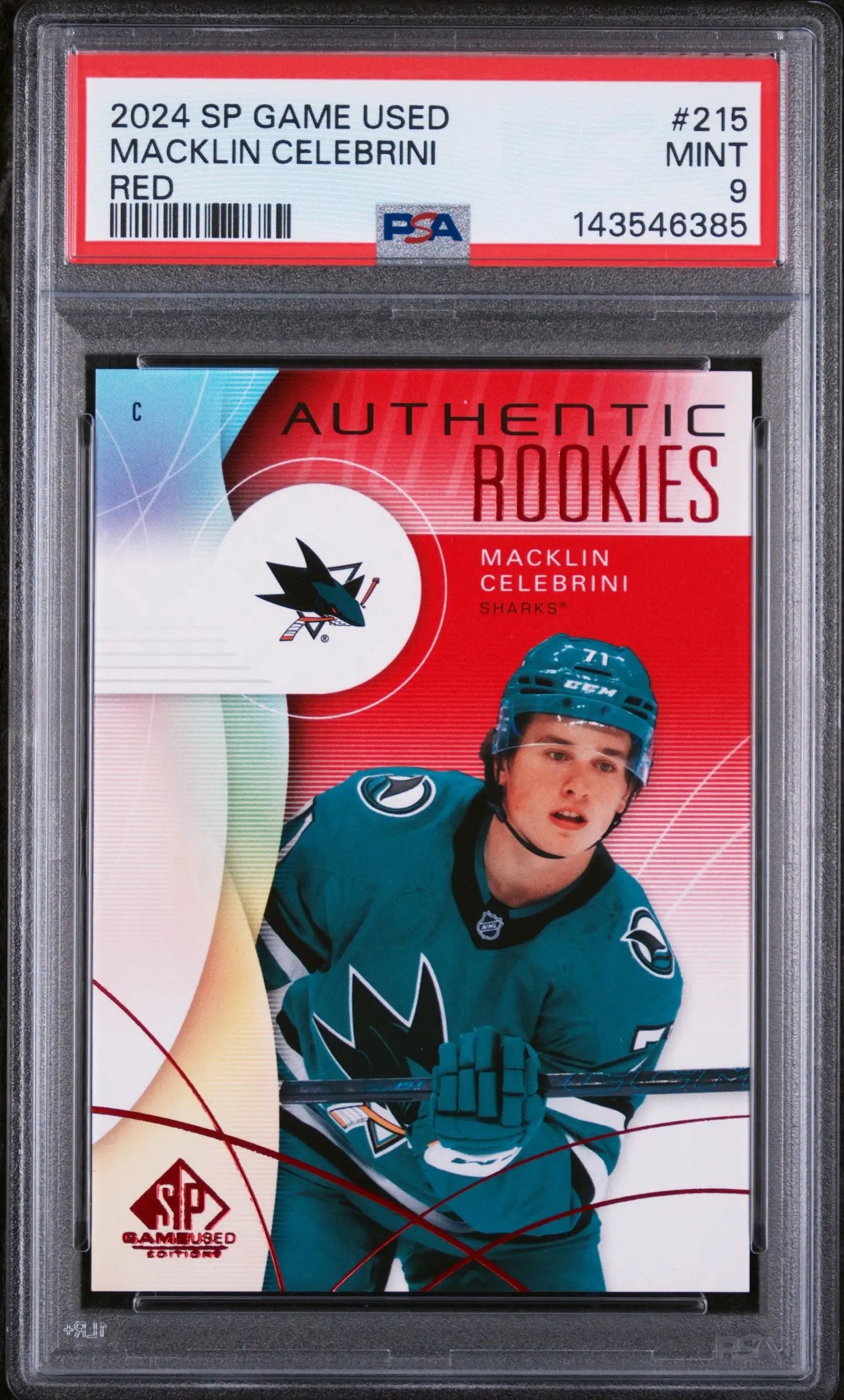 2024 Upper Deck SP Game Used Rookie Macklin Celebrini Red RC PSA 9 