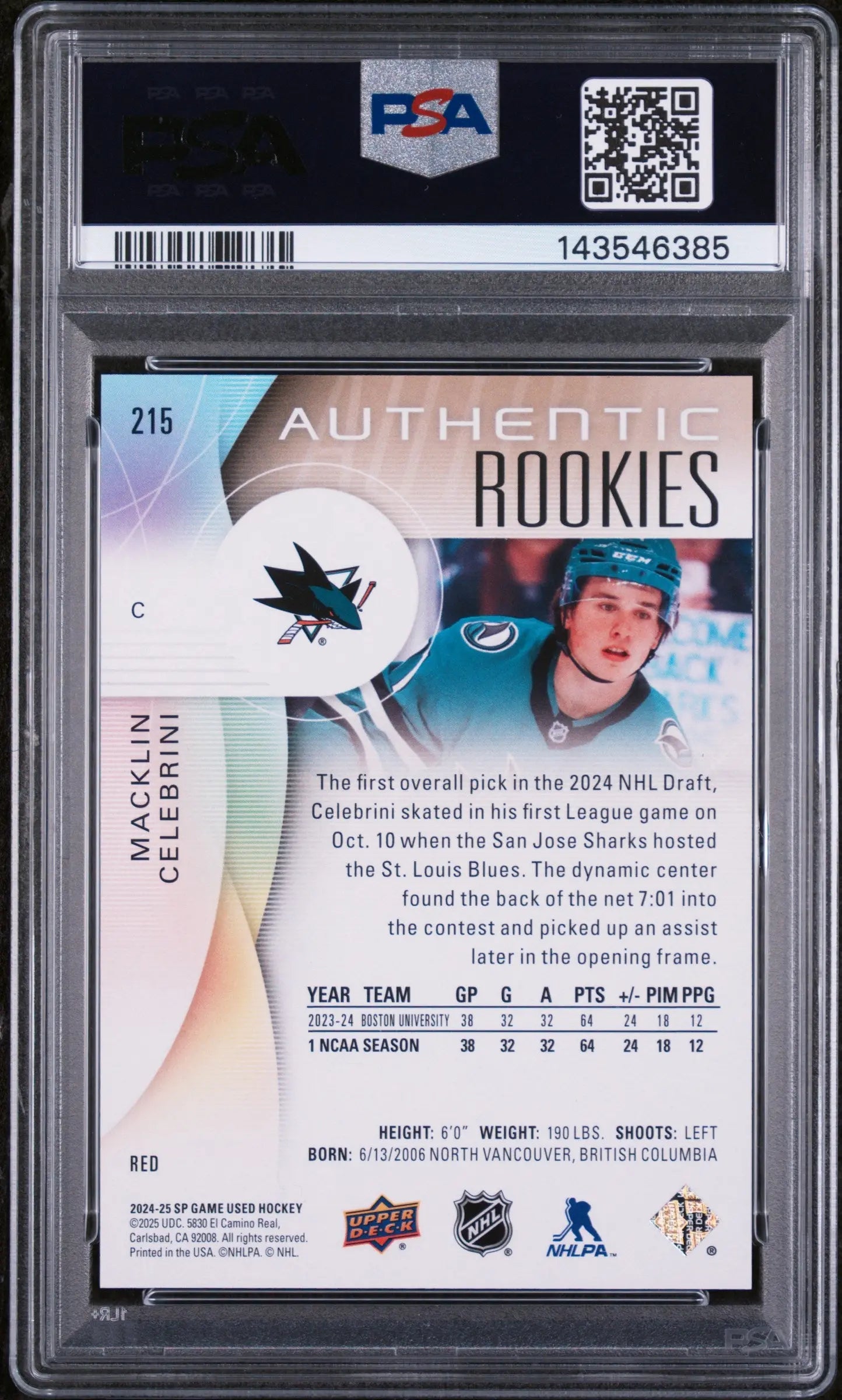 2024 Upper Deck SP Game Used Rookie Macklin Celebrini Red RC PSA 9 