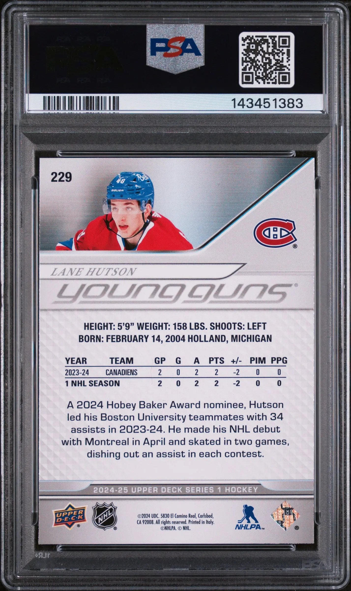 2024 Upper Deck Series 1 Hockey Young Guns Rookie Lane Hutson #229 PSA 8 