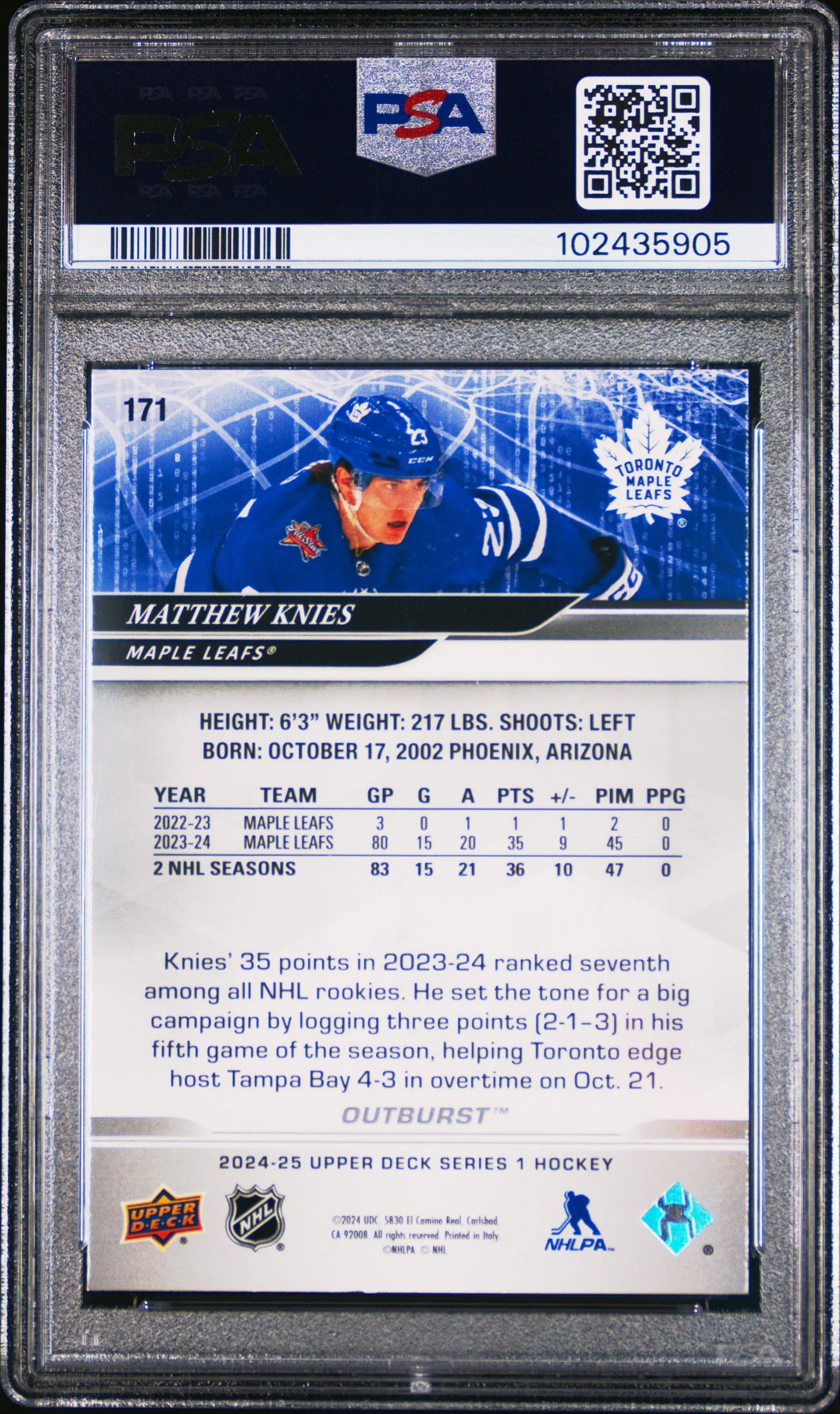 2024 Upper Deck Series 1 Matthew Knies Outburst PSA 10 