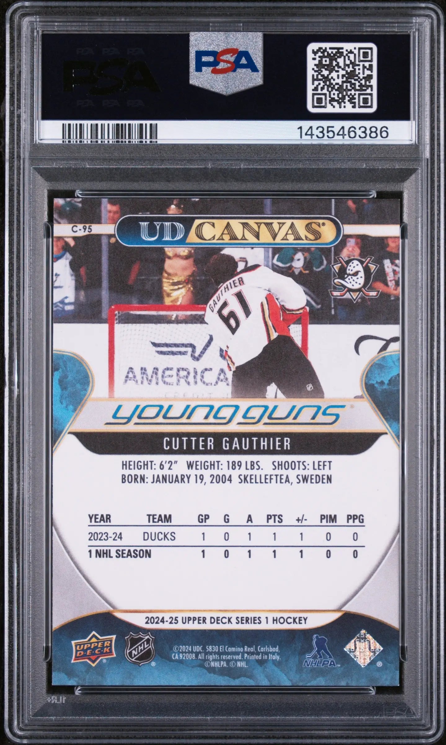 2024 Upper Deck Series 1 UD Canvas Young Guns Rookie Cutter Gauthier RC PSA 9 