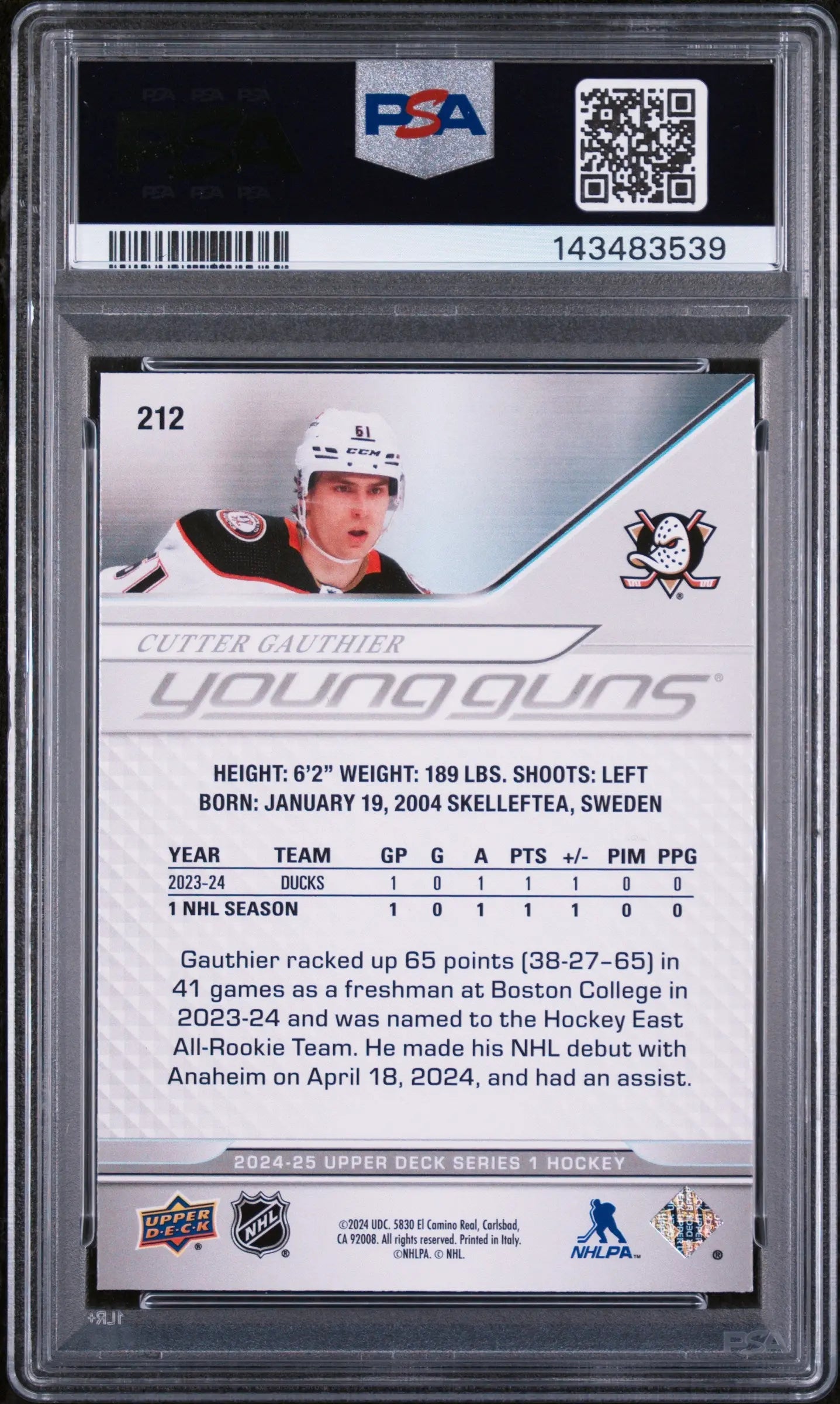 2024 Upper Deck Series 1  Young Guns Rookie Cutter Gauthier RC PSA 9 