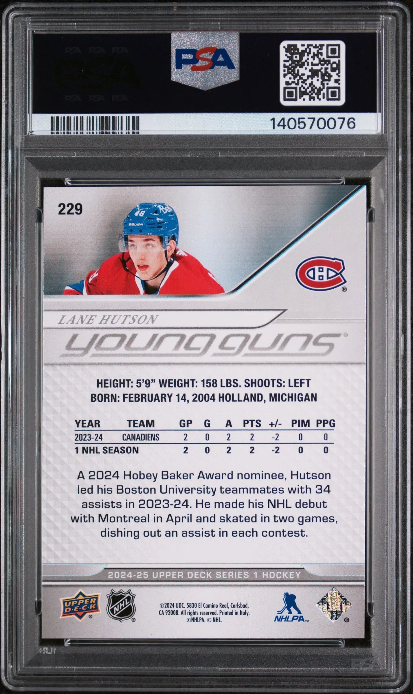 2024 Upper Deck Series 1 Young Guns Rookie Lane Hutson RC PSA 10 