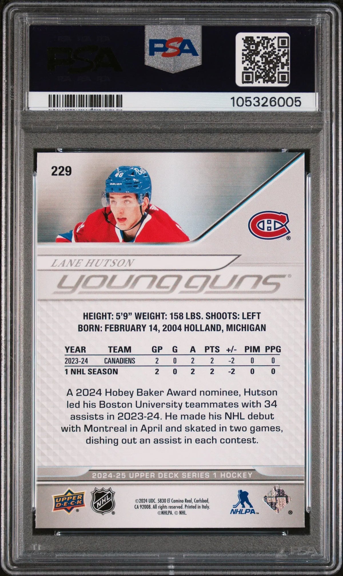 2024 Upper Deck Series 1 Young Guns Rookie Lane Hutson RC PSA 10 