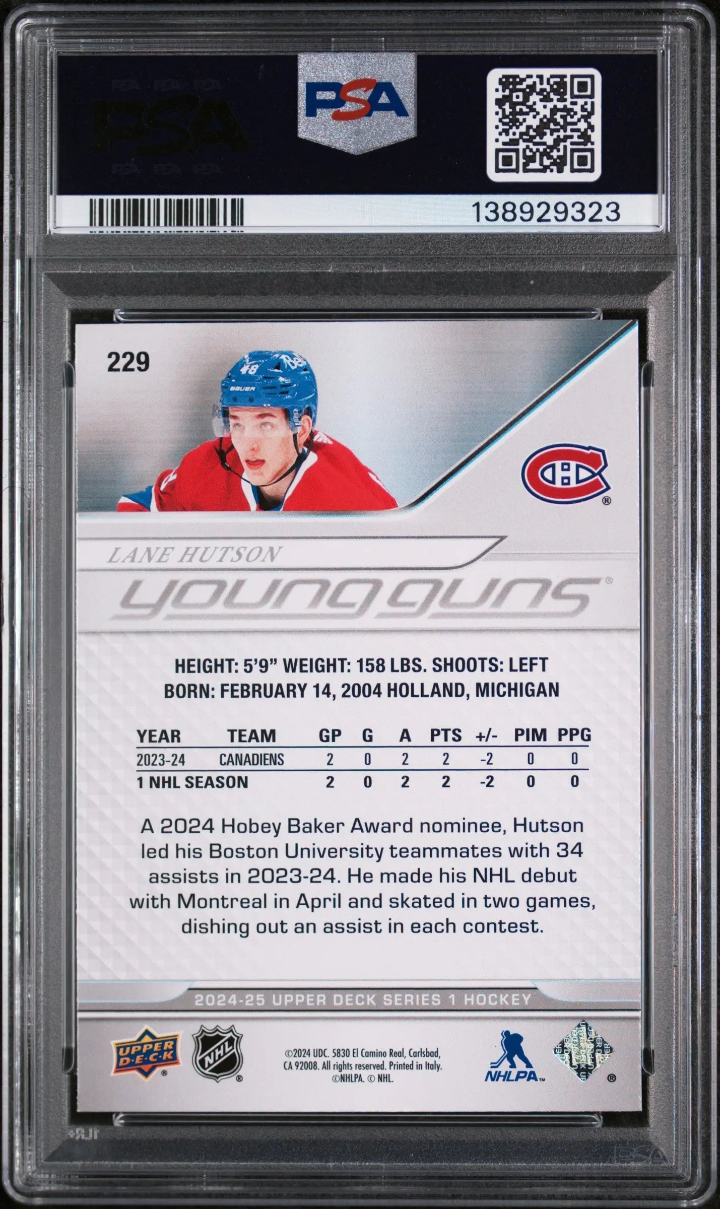 2024 Upper Deck Series 1 Young Guns Rookie Lane Hutson RC PSA 9 