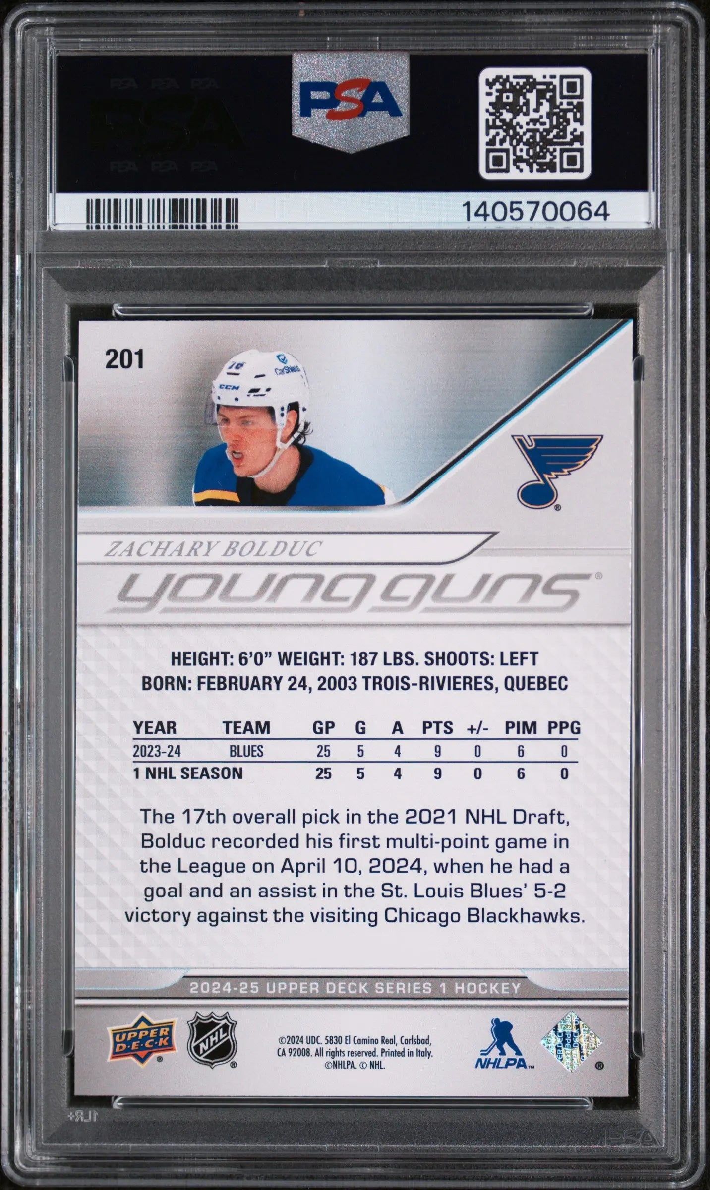 2024 Upper Deck Series 1 Young Guns Rookie Zachary Bolduc RC PSA 9 