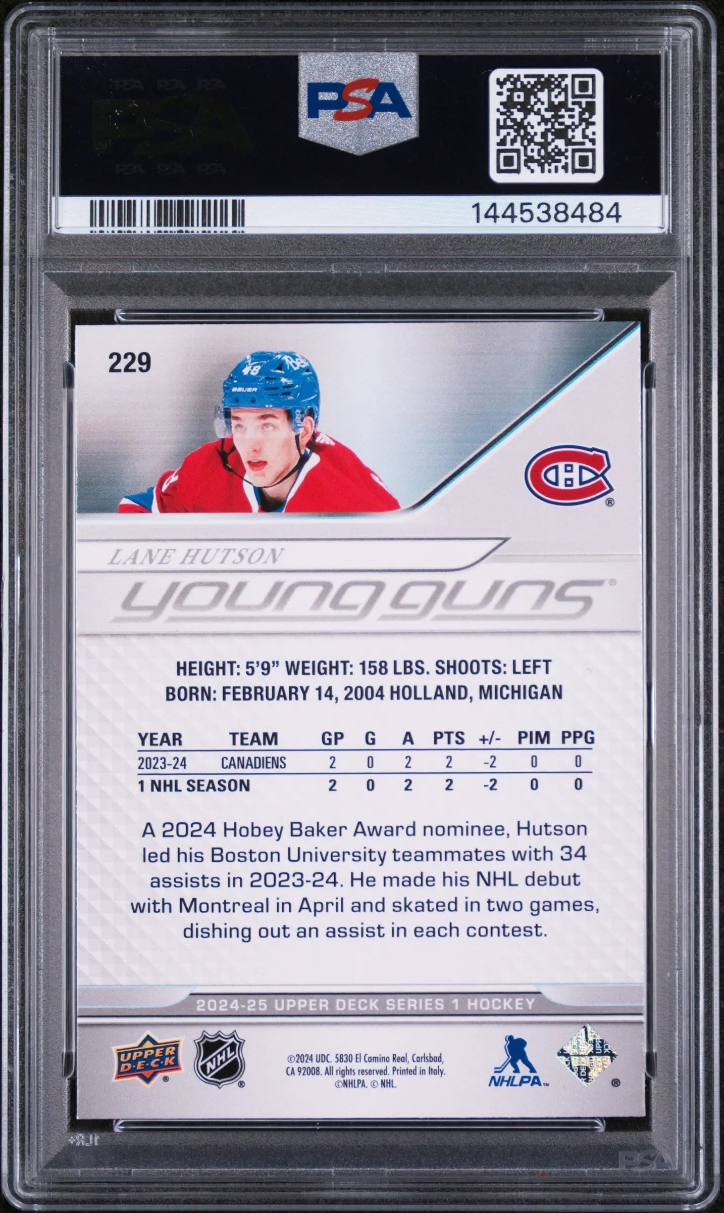 2024 Upper Deck Series 1 Young Guns Rookies Lane Hutson RC PSA 9 