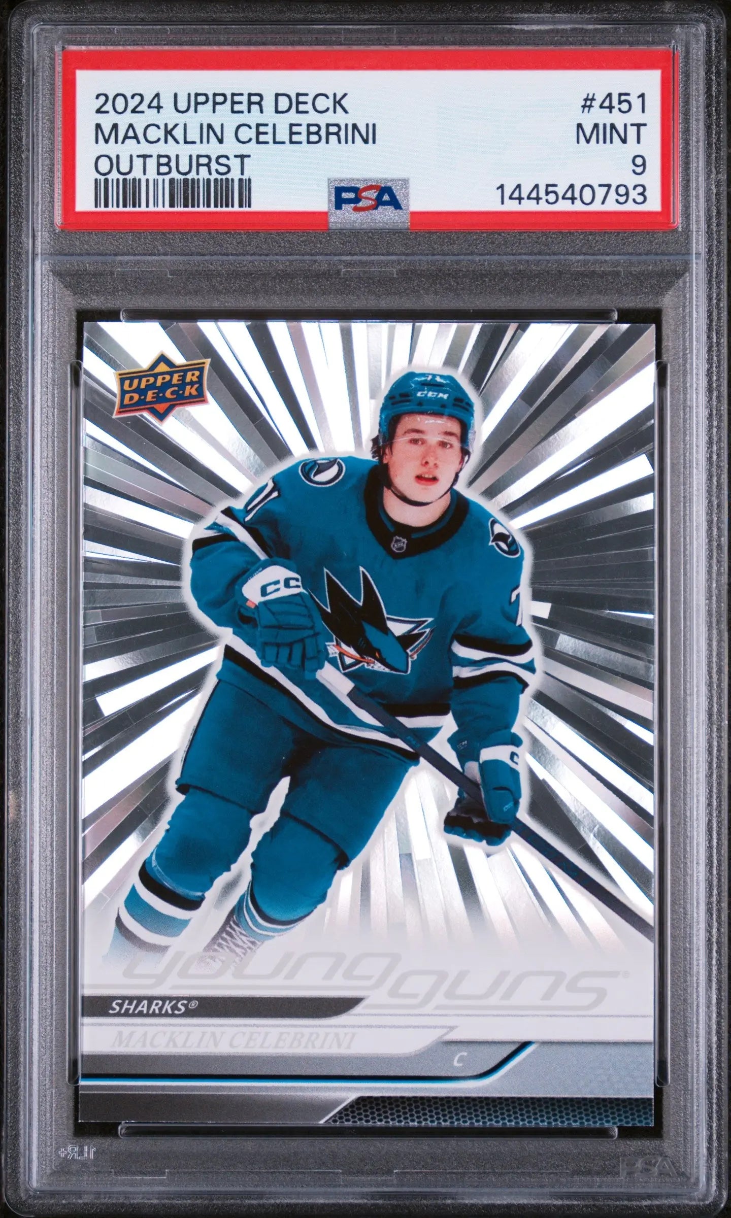 2024 Upper Deck Series 2 Hockey Outburst Young Guns RC Macklin Celebrini PSA 9 