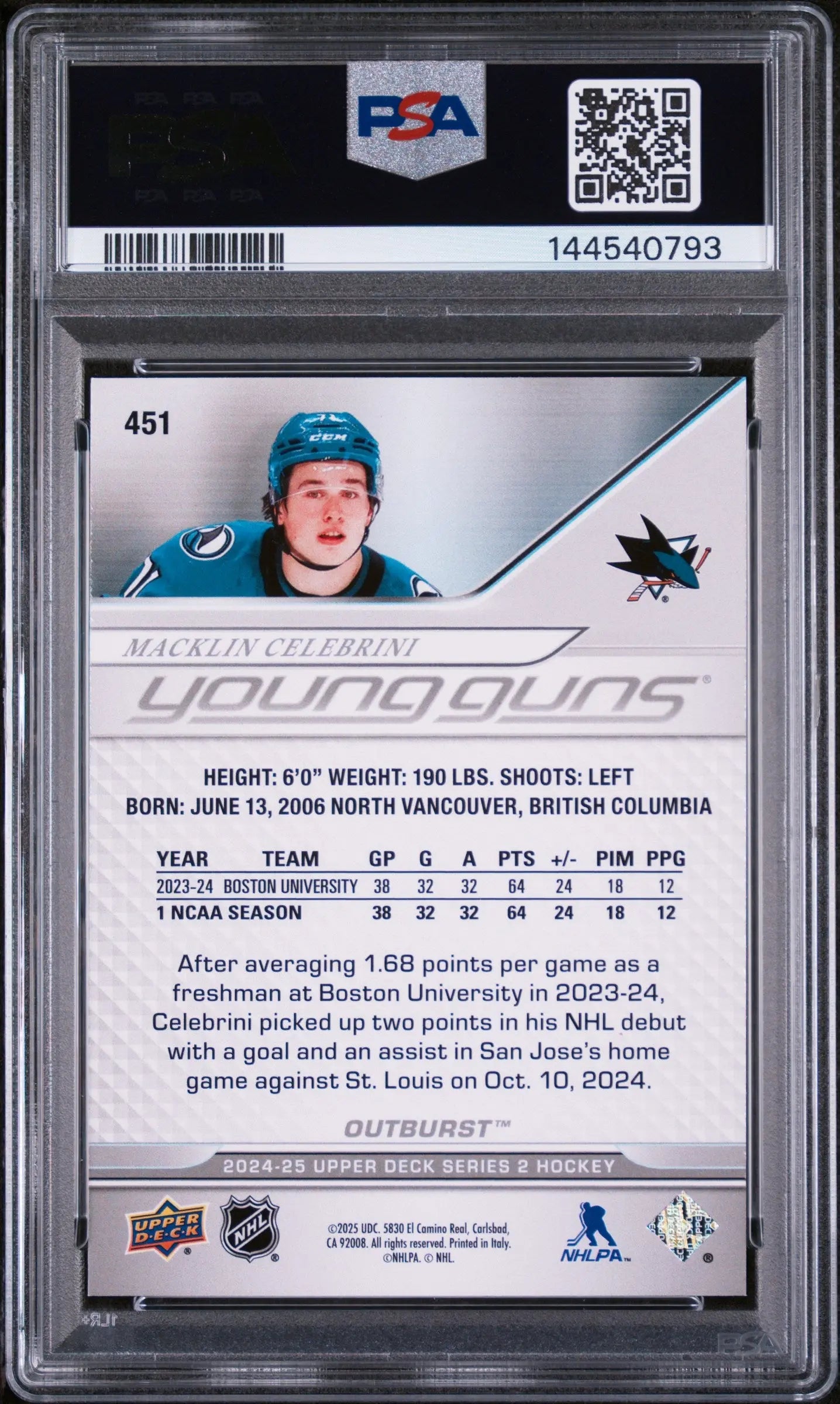 2024 Upper Deck Series 2 Hockey Outburst Young Guns RC Macklin Celebrini PSA 9 
