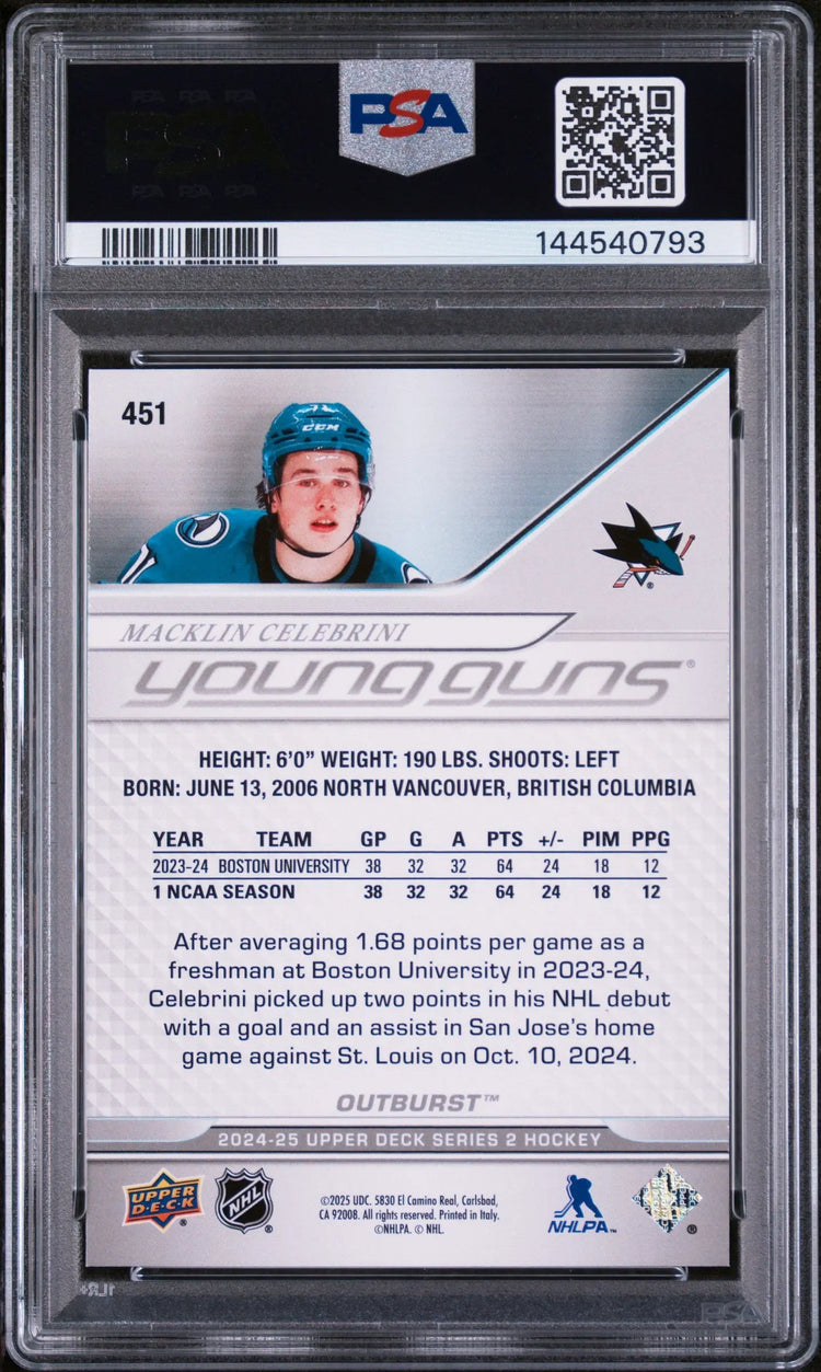 2024 Upper Deck Series 2 Hockey Outburst Young Guns RC Macklin Celebrini PSA 9 