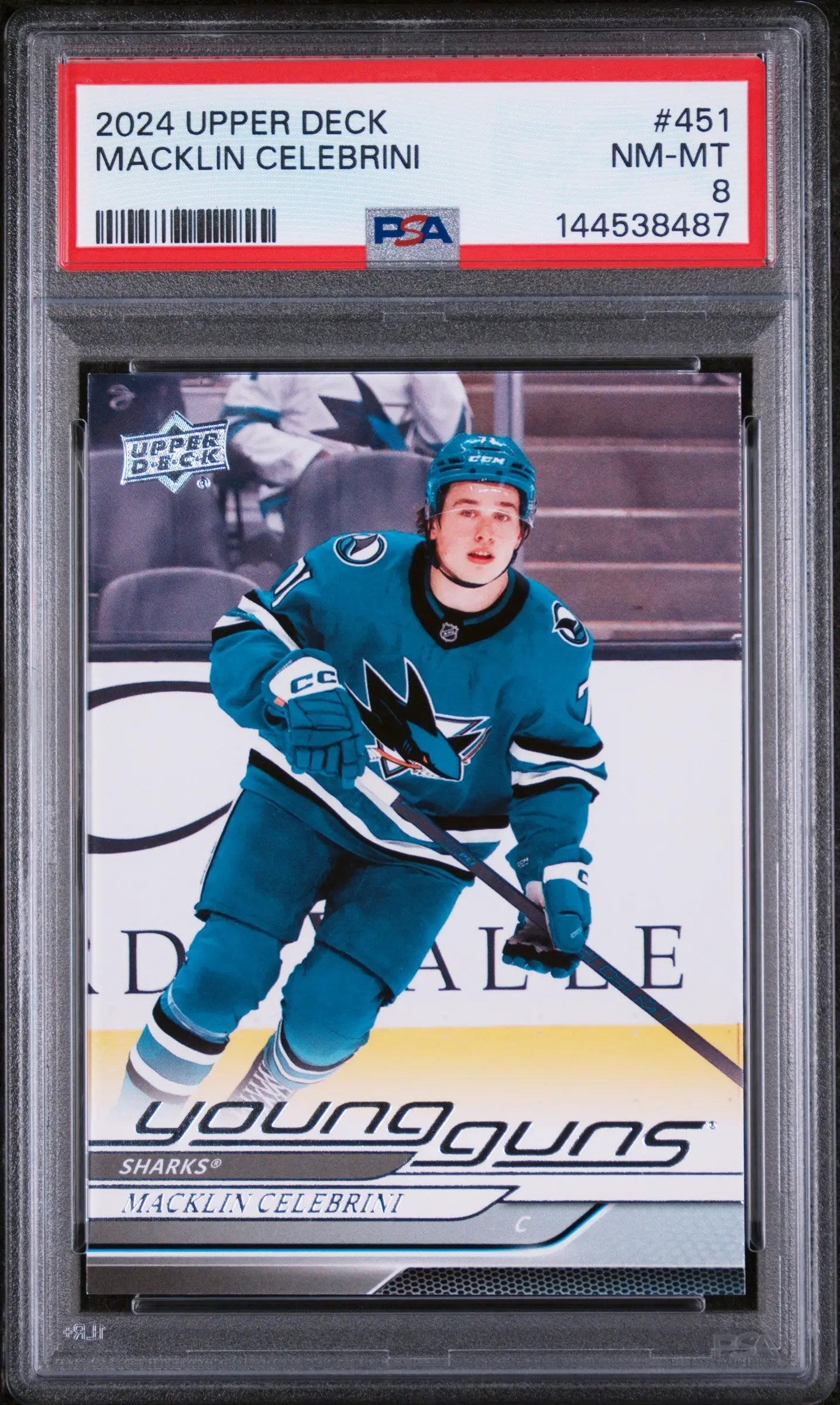 2024 Upper Deck Series 2 Hockey Young Guns Rookie Macklin Celebrini #451 PSA 8 