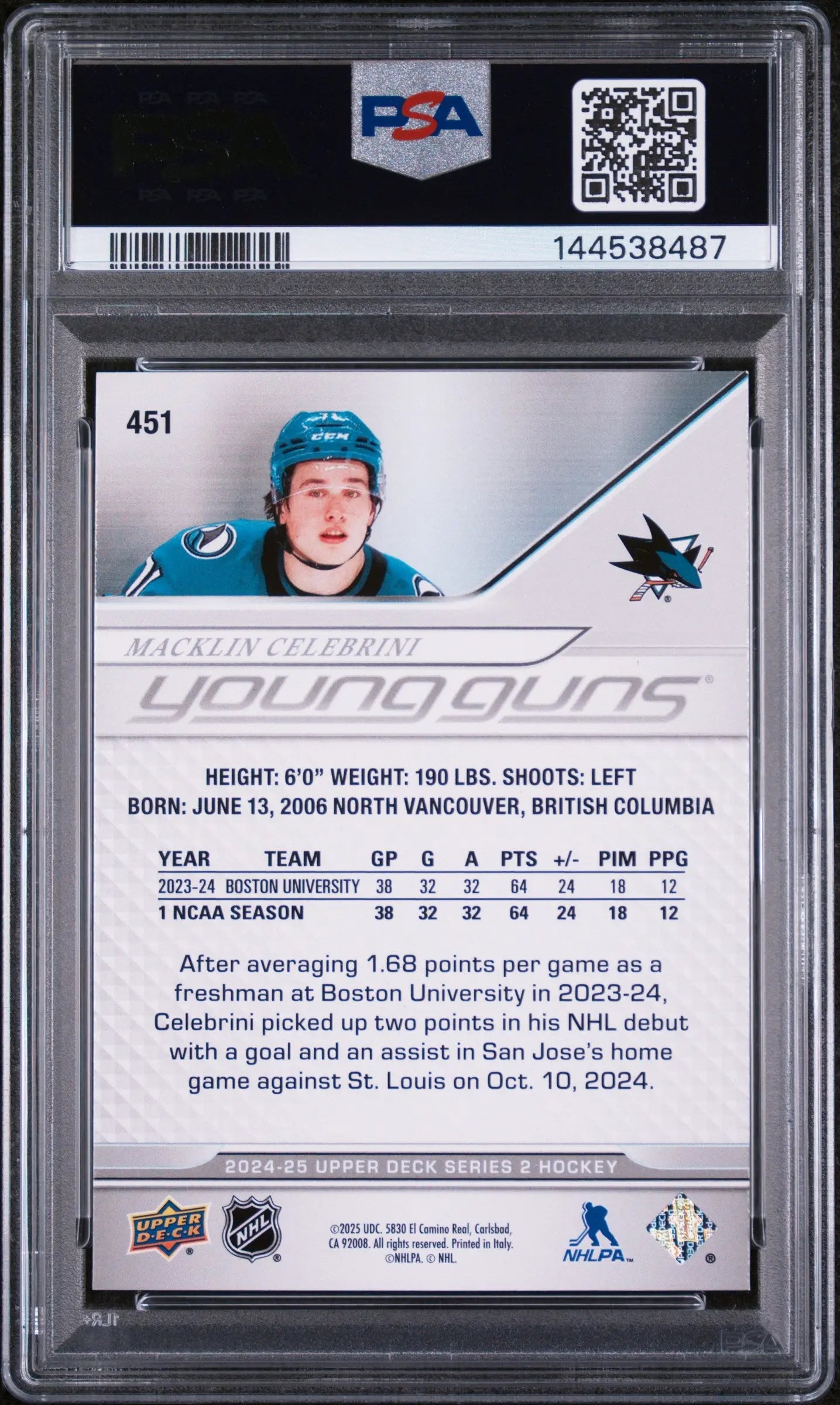 2024 Upper Deck Series 2 Hockey Young Guns Rookie Macklin Celebrini #451 PSA 8 