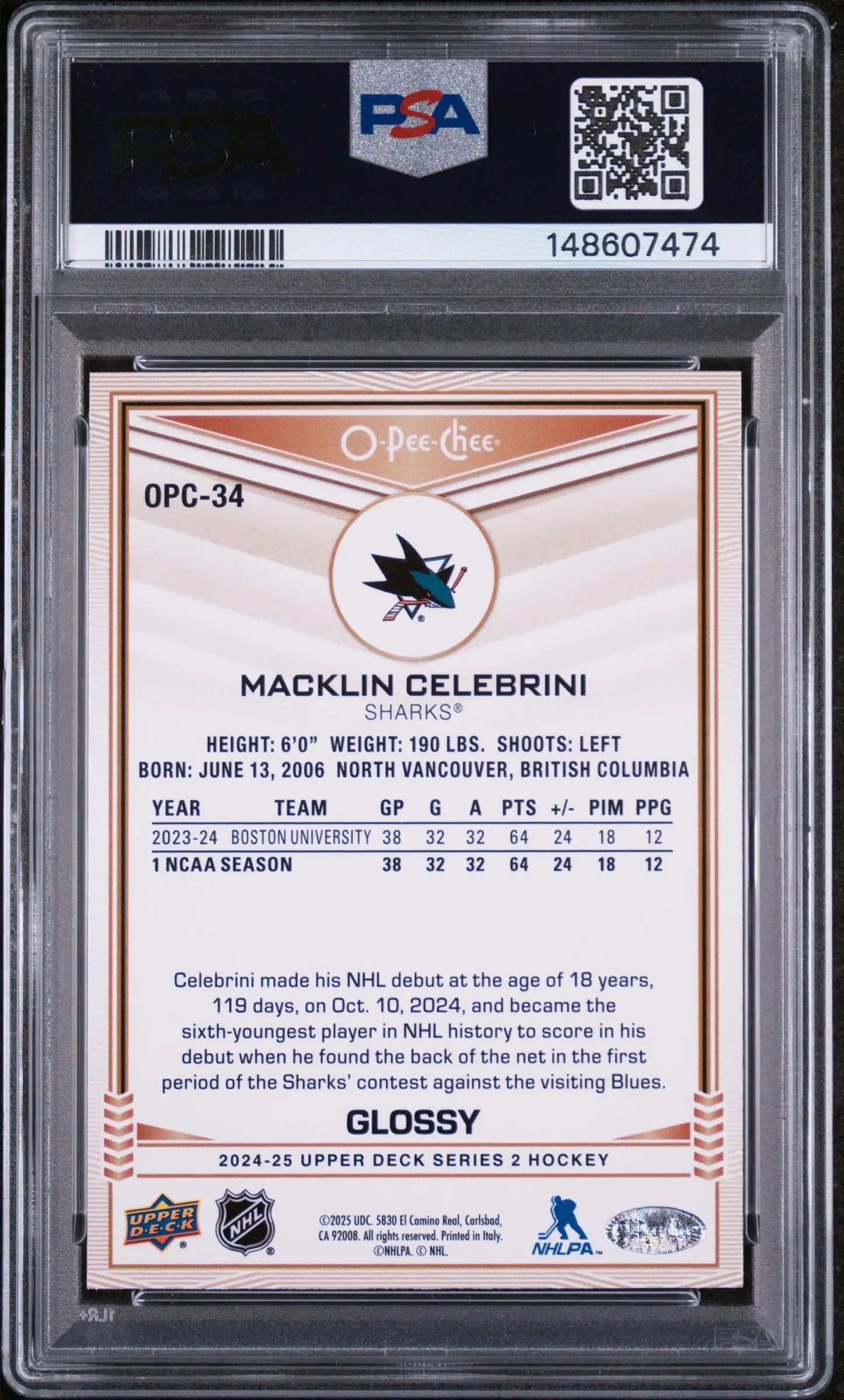 2024 Upper Deck Series 2 O-Pee-Chee Glossy Rookie Macklin Celebrini RC PSA 10 