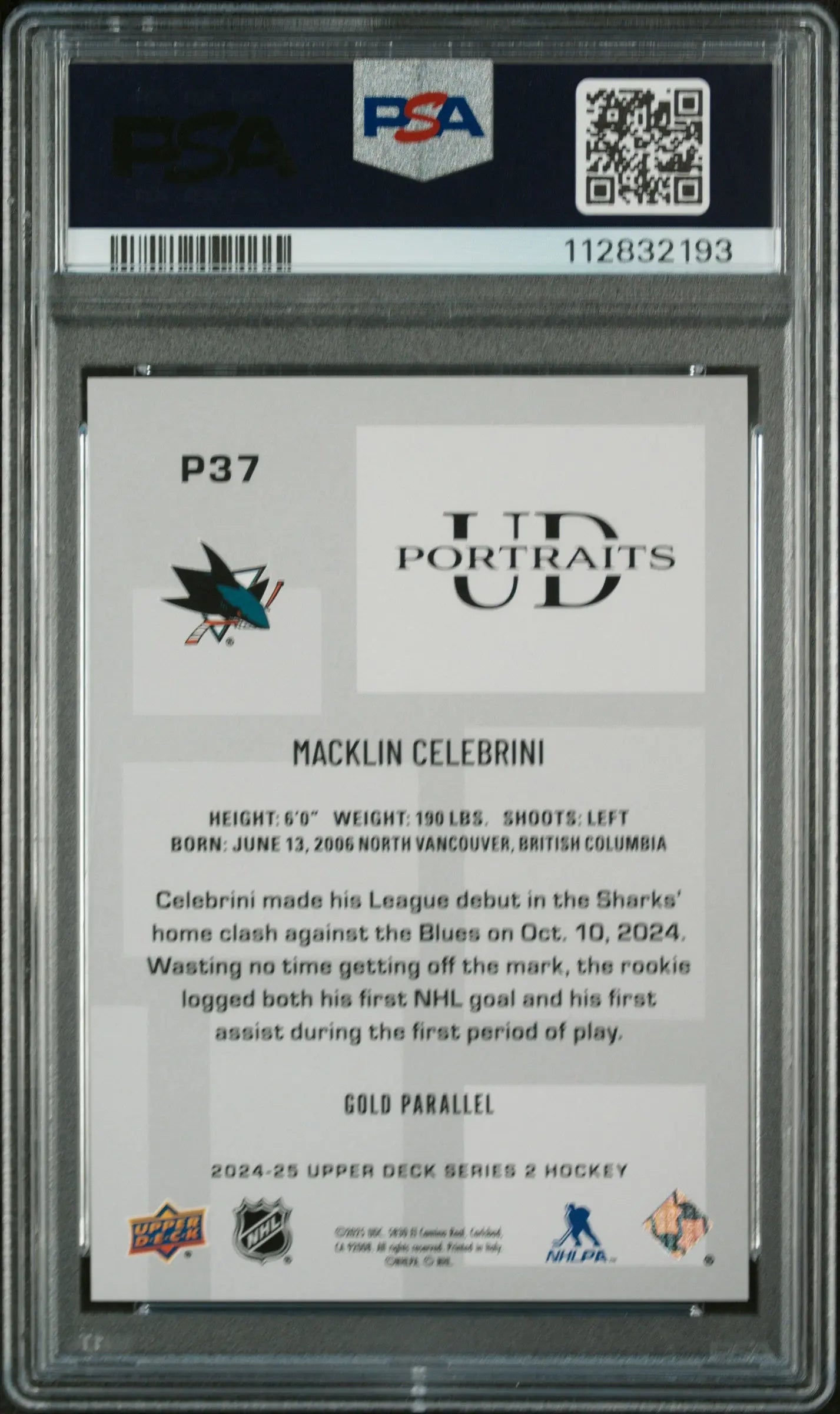 2024 Upper Deck Series 2 UD Portraits Macklin Celebrini  RC Gold PSA 9 /10 