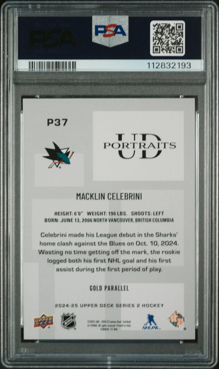 2024 Upper Deck Series 2 UD Portraits Macklin Celebrini  RC Gold PSA 9 /10 
