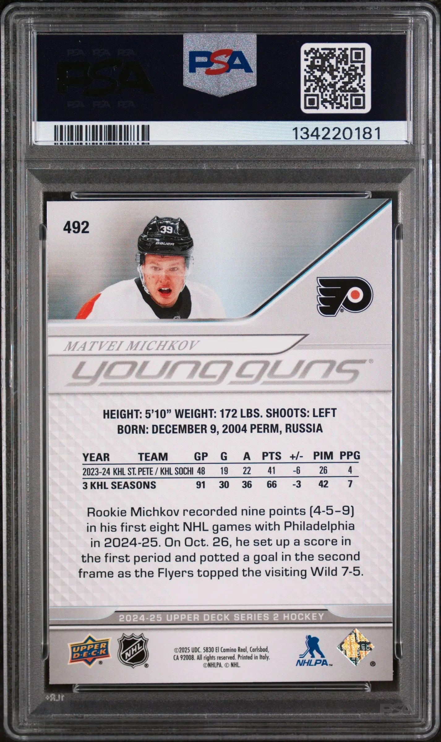 2024 Upper Deck Series 2 Young Guns Matvei Michkov RC Rookie #492 PSA 9 