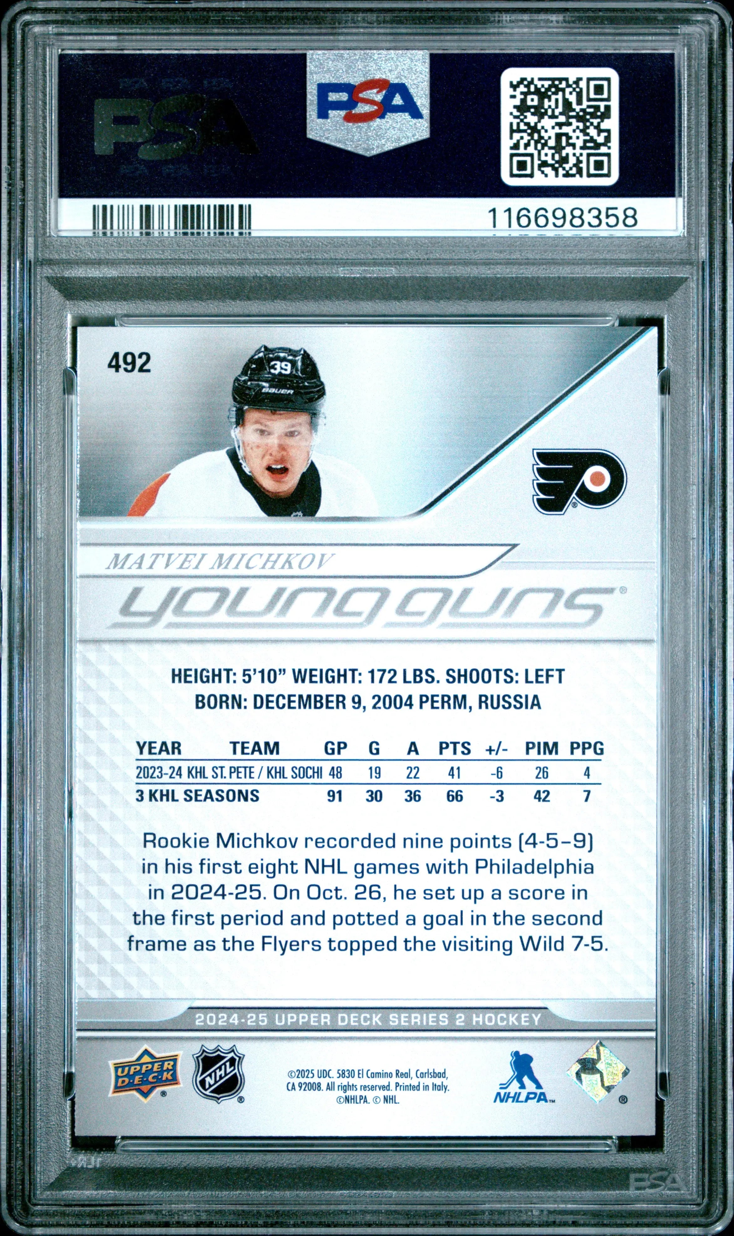 2024 Upper Deck Series 2 Young Guns Matvei Michkov #492 PSA 10 