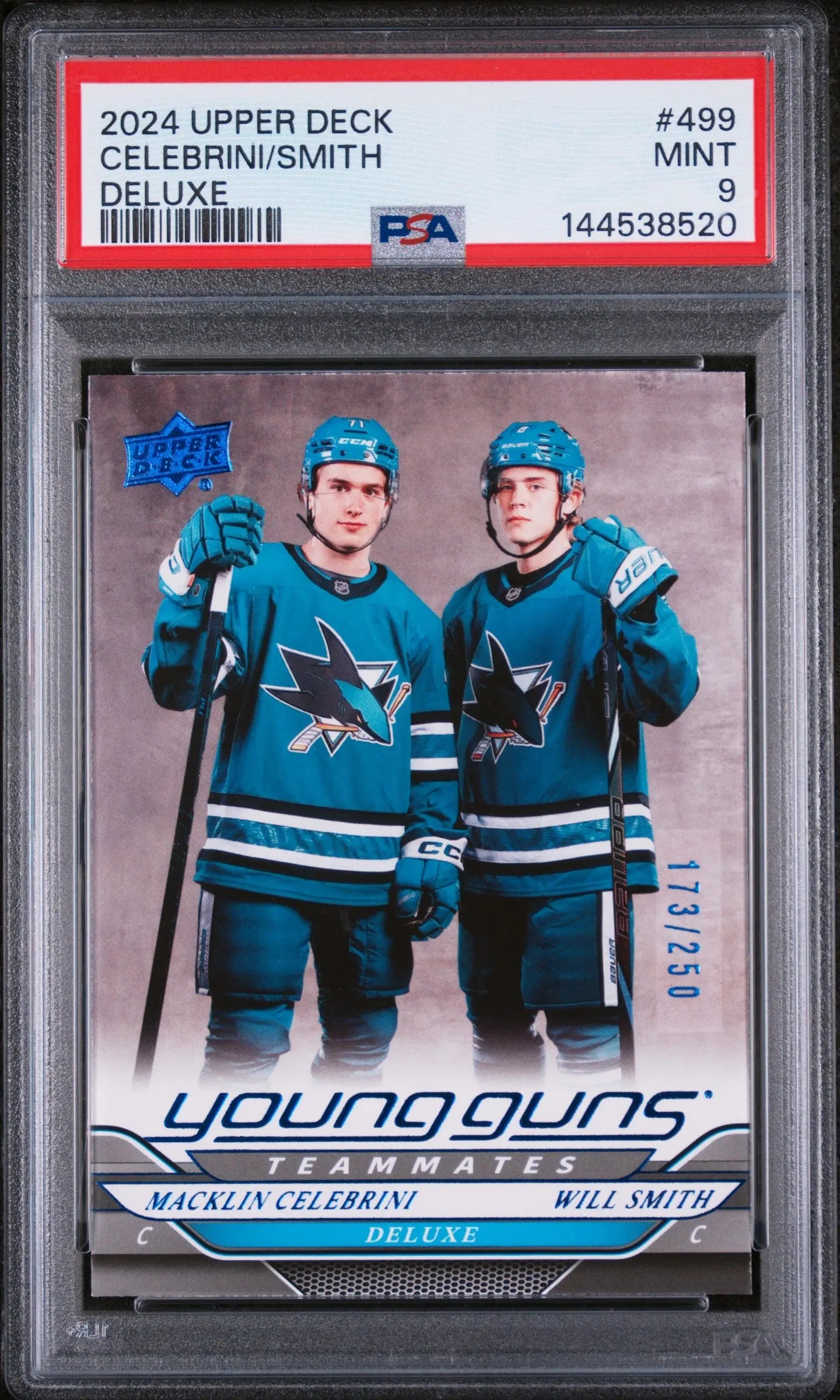 2024 Upper Deck Series 2 Young Guns Rookie Celebrini/Smith Deluxe /250 RC PSA 9 