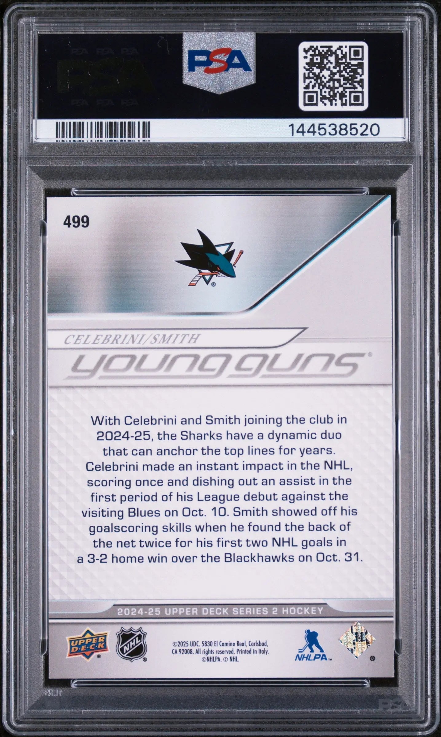 2024 Upper Deck Series 2 Young Guns Rookie Celebrini/Smith Deluxe /250 RC PSA 9 