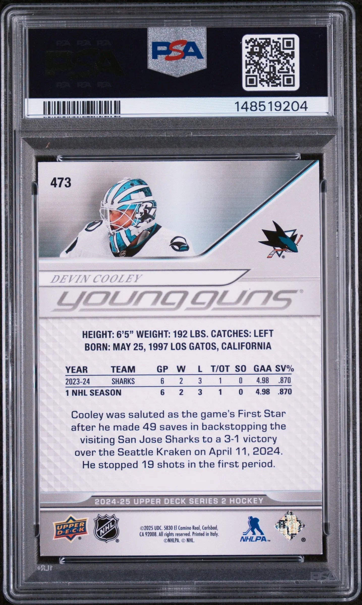2024 Upper Deck Series 2 Young Guns Rookie Devin Cooley Deluxe /250 RC PSA 9 