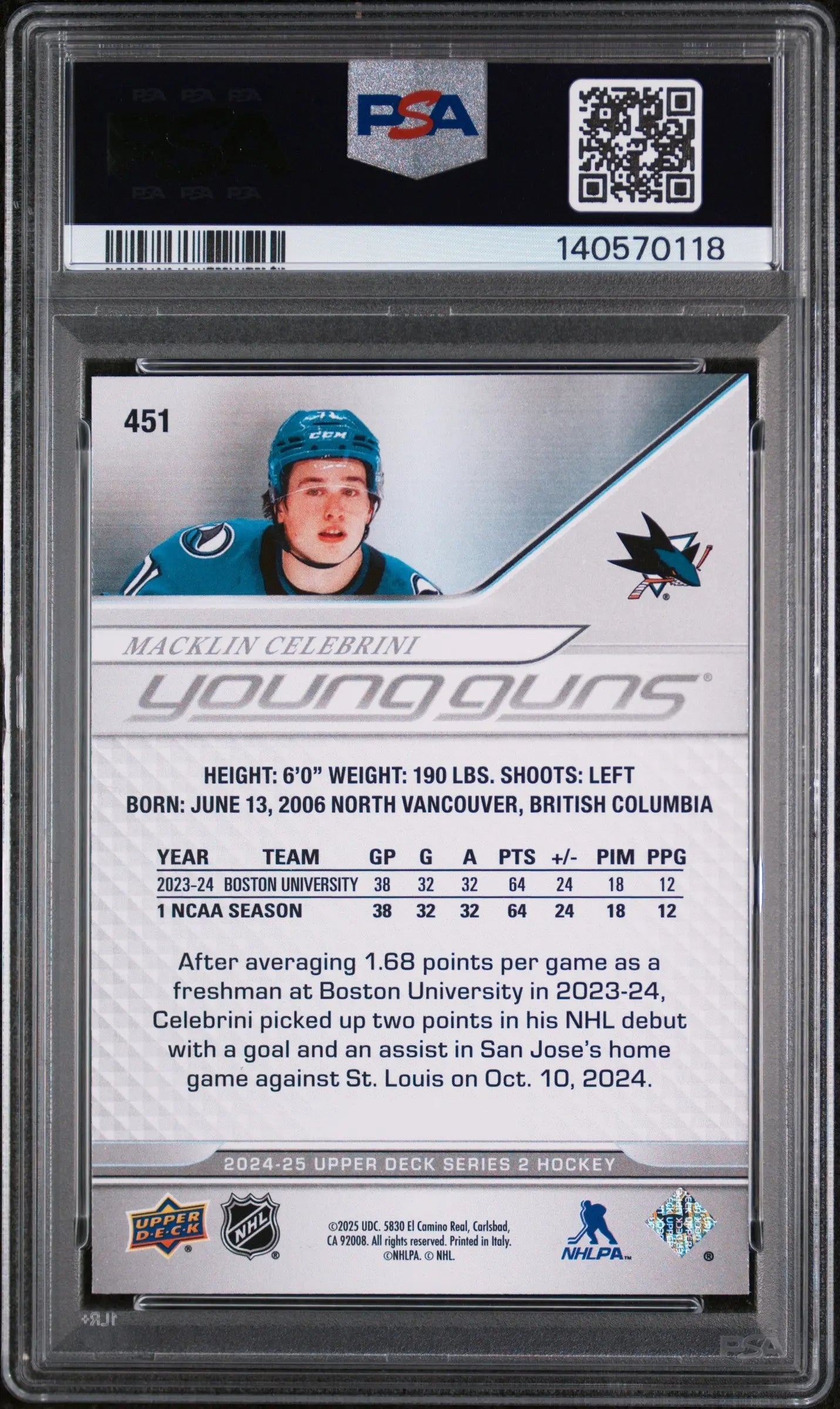 2024 Upper Deck Series 2 Young Guns Rookie Macklin Celebrini RC PSA 10 