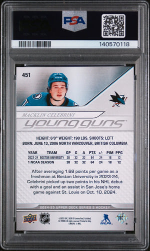 2024 Upper Deck Series 2 Young Guns Rookie Macklin Celebrini RC PSA 10 
