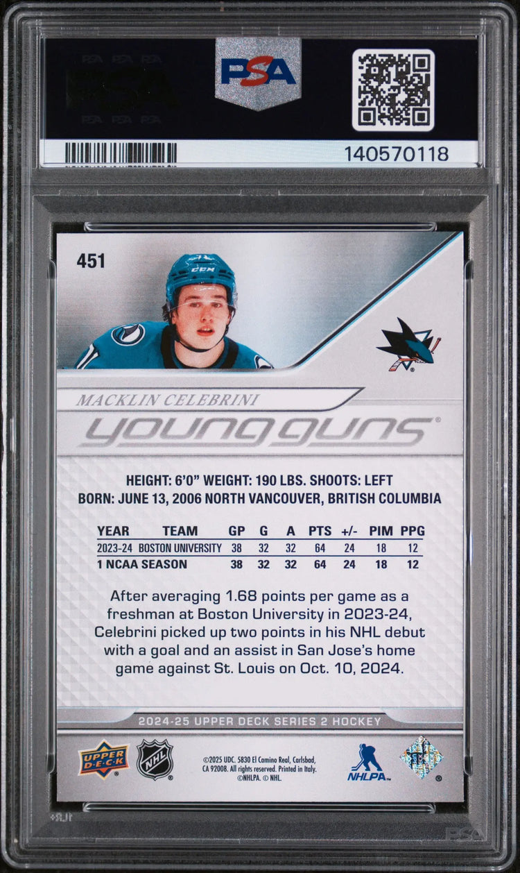2024 Upper Deck Series 2 Young Guns Rookie Macklin Celebrini RC PSA 10 