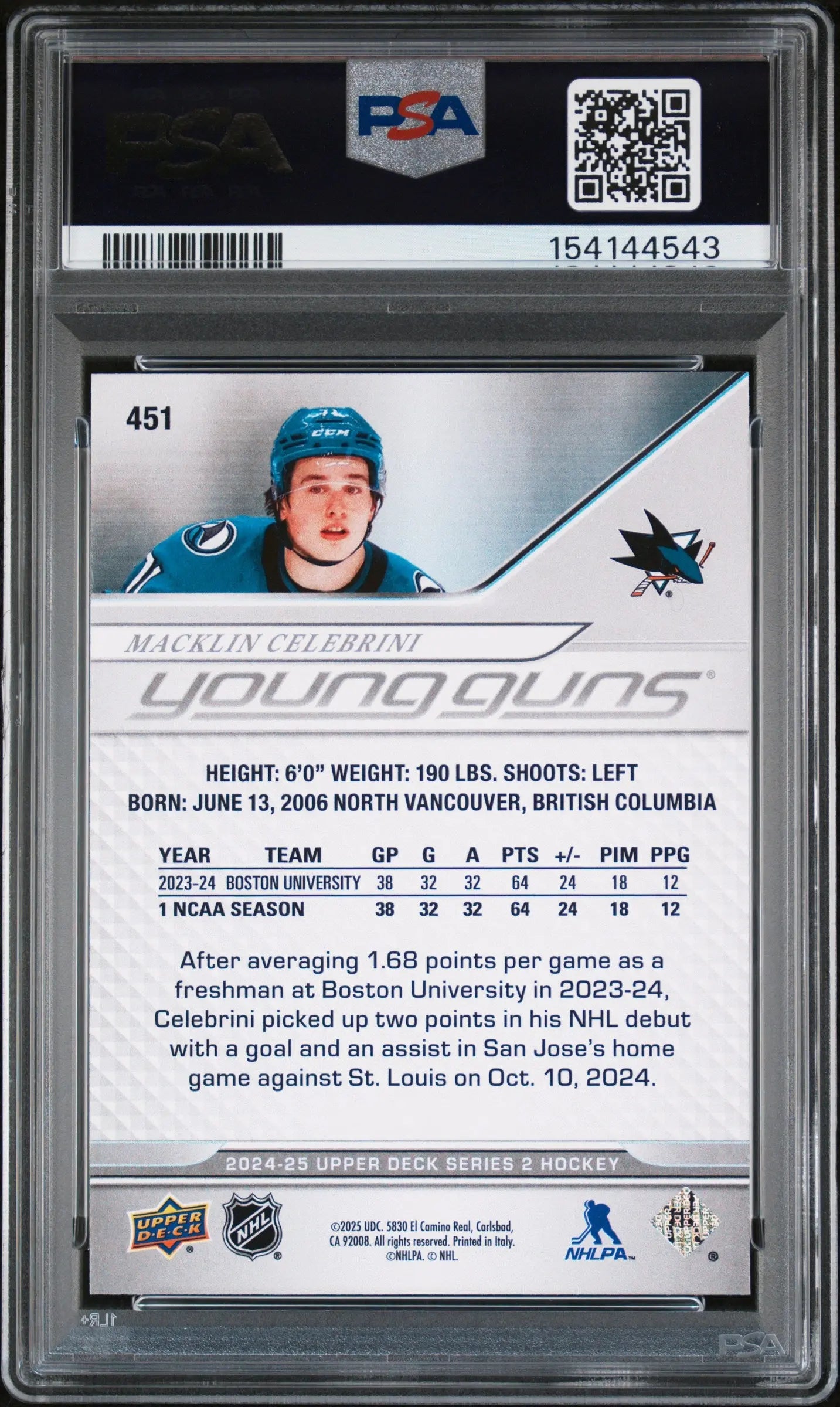 2024 Upper Deck Series 2 Young Guns Rookie Macklin Celebrini RC PSA 10 