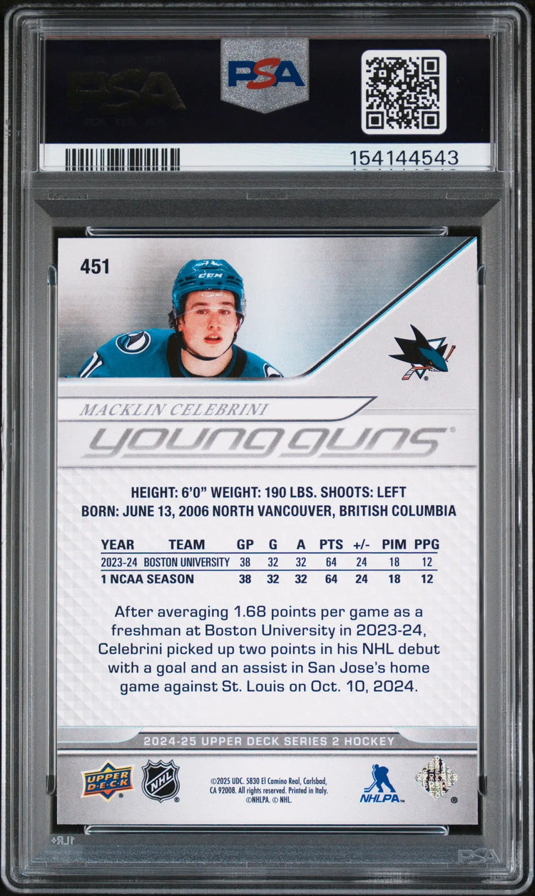 2024 Upper Deck Series 2 Young Guns Rookie Macklin Celebrini RC PSA 10 