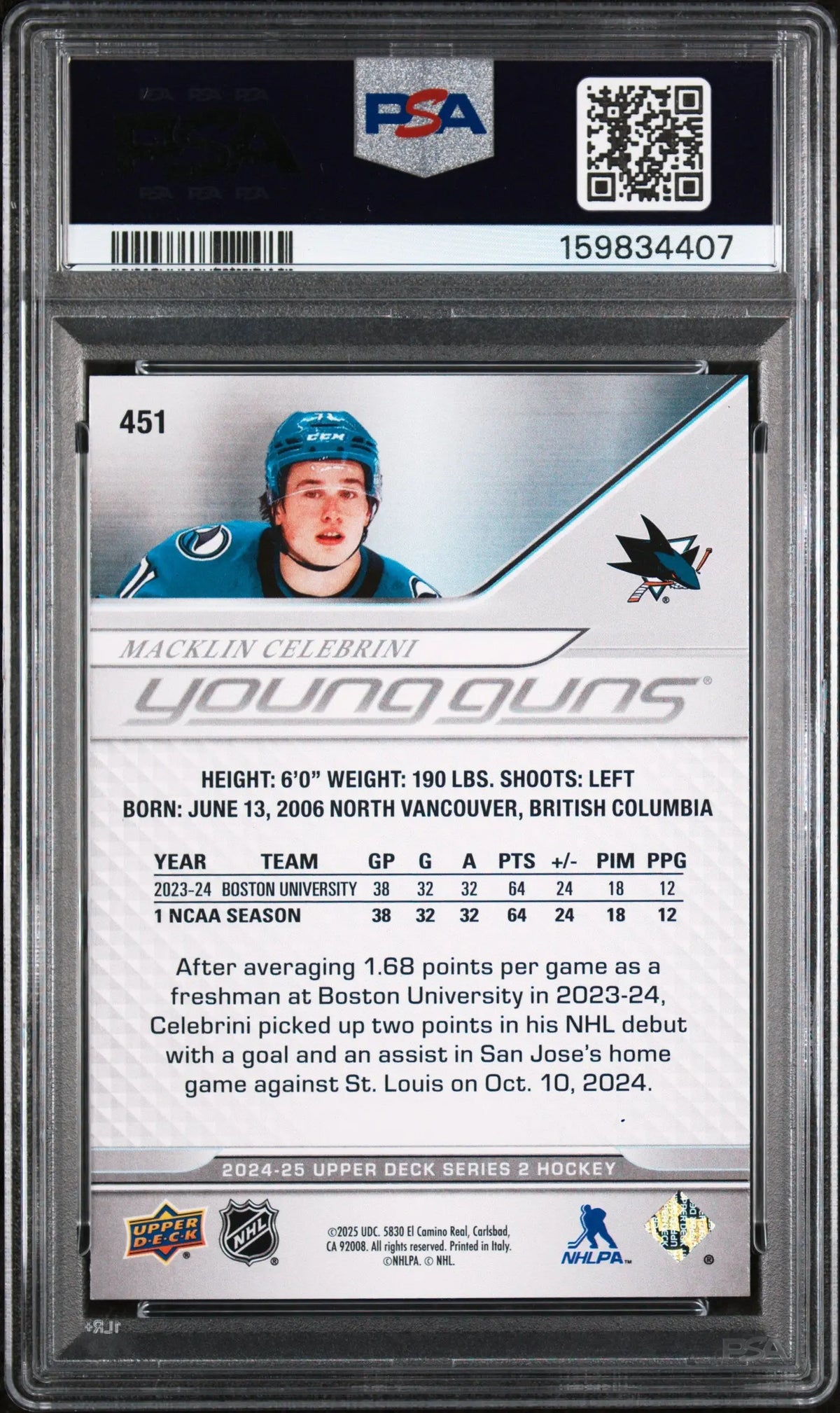 2024 Upper Deck Series 2 Young Guns Rookie Macklin Celebrini RC PSA 10 