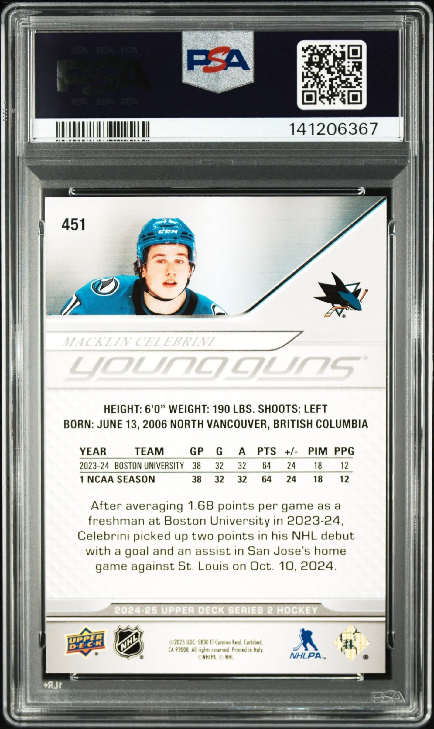 2024 Upper Deck Series 2 Young Guns Rookie Macklin Celebrini RC PSA 8 