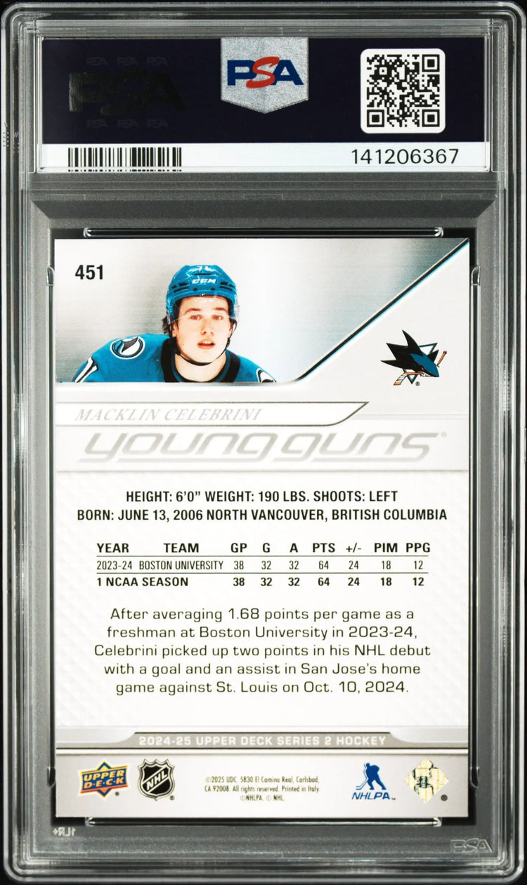 2024 Upper Deck Series 2 Young Guns Rookie Macklin Celebrini RC PSA 8 