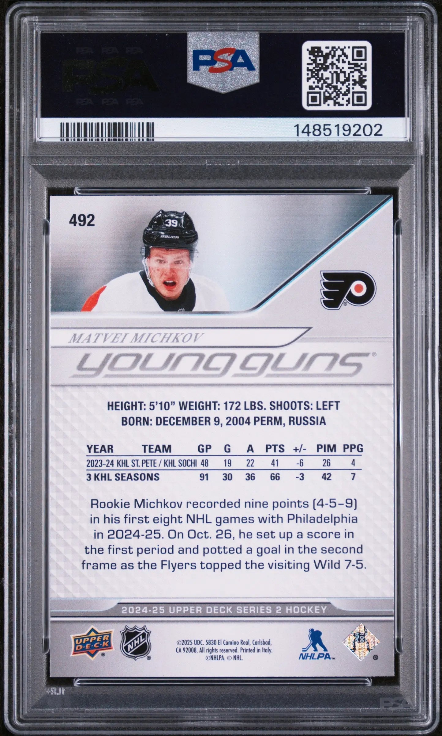 2024 Upper Deck Series 2 Young Guns Rookie Matvei Michkov RC PSA 9 