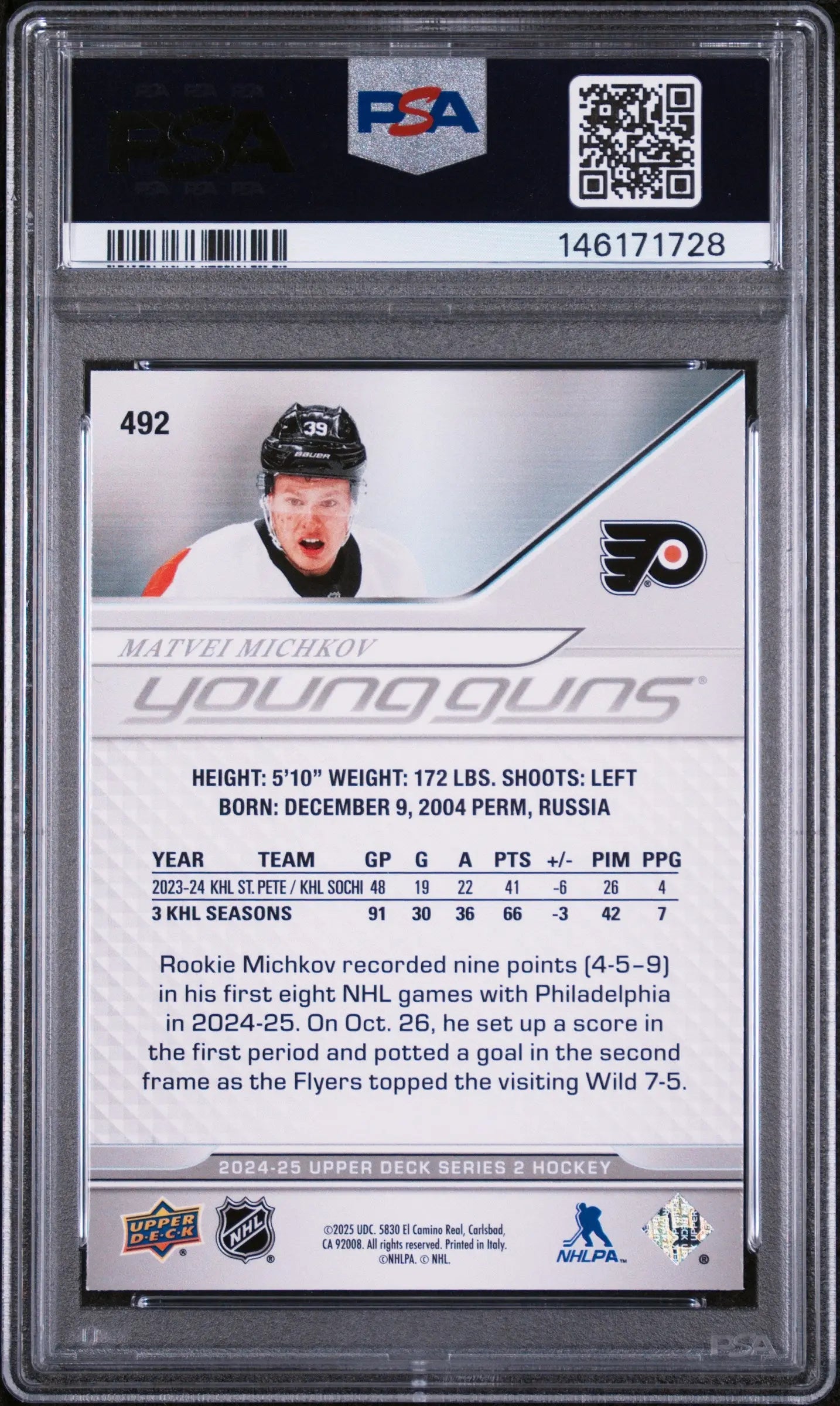 2024 Upper Deck Series 2 Young Guns Rookie Matvei Michkov RC PSA 9 
