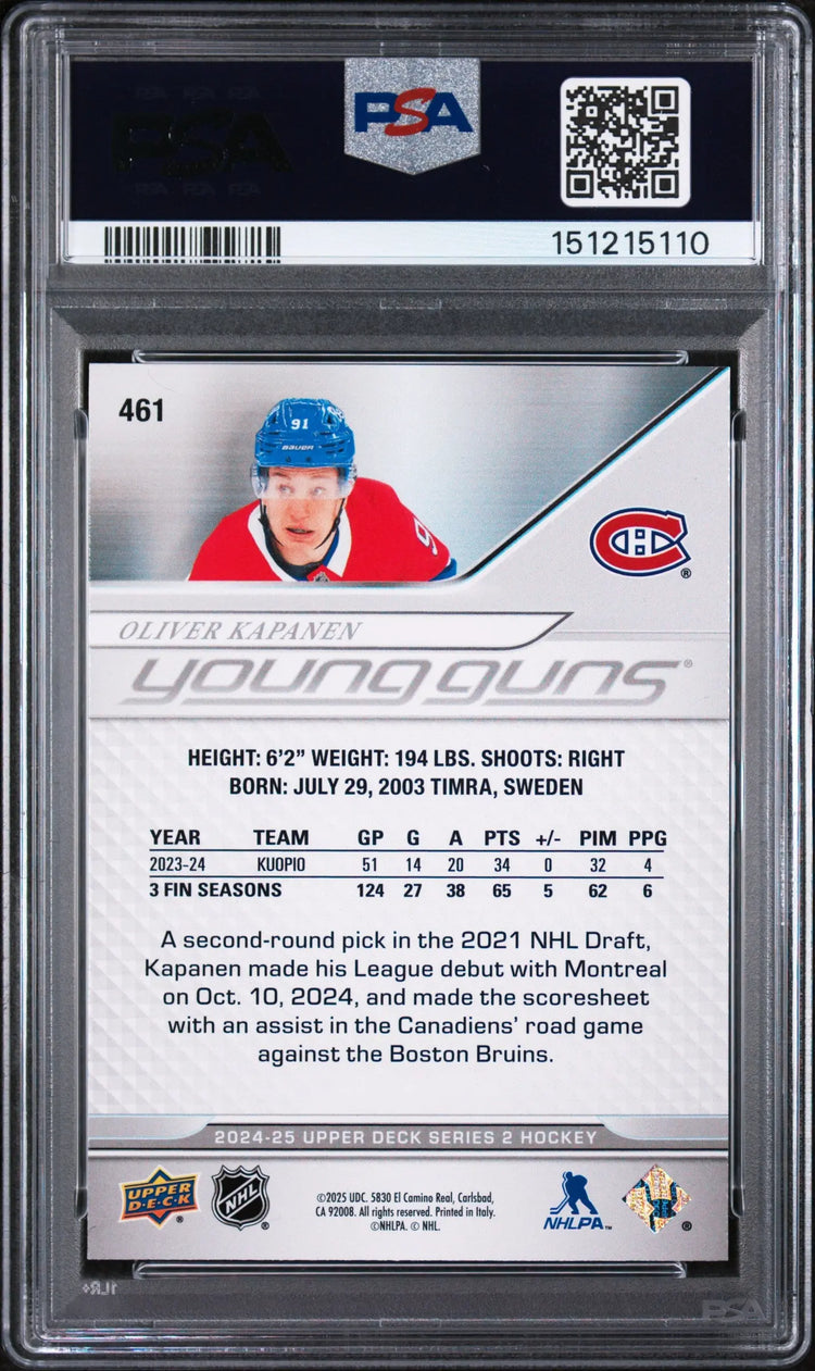 2024 Upper Deck Series 2 Young Guns Rookie Oliver Kapanen RC PSA 9 